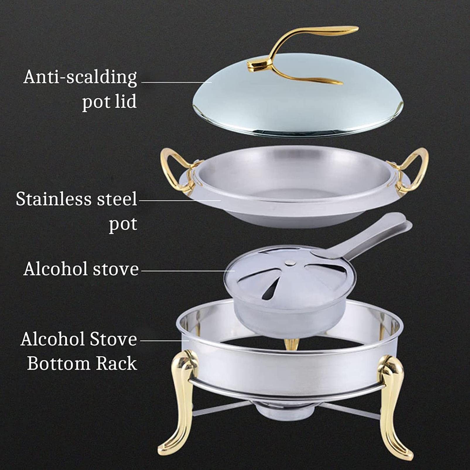 EXBERT Servidor de Buffet eléctrico, Paquete de 2 Platos Redondos de tamaño Completo, Servidor de Buffet de Acero Inoxidable de 3 litros con Bandeja para Alimentos, Tapa y Soporte para Combustible,