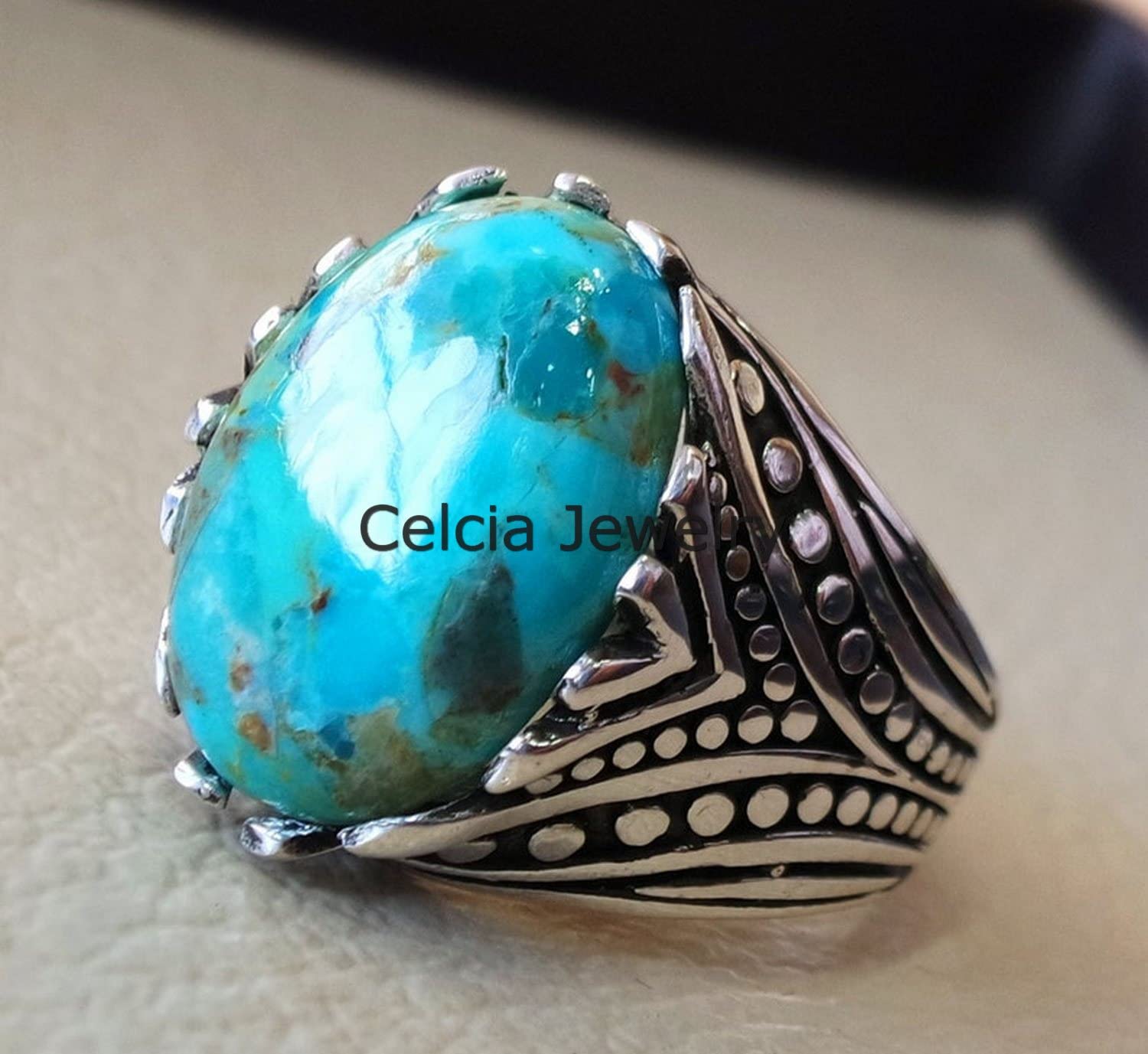 Anillo enorme de piedra preciosa azul turquesa natural de Arizona, joyería hecha a mano de plata de ley real para hombres, anillo pesado de piedra semipreciosa, anillo de promesa, anillo de moda
