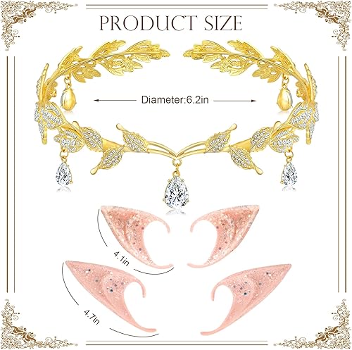 Miniatura 2 de ONESING Juego de orejas de elfo de hadas con diadema de diamantes de imitación, orejas de hadas con corona de hojas para mujeres y niñas, accesorios