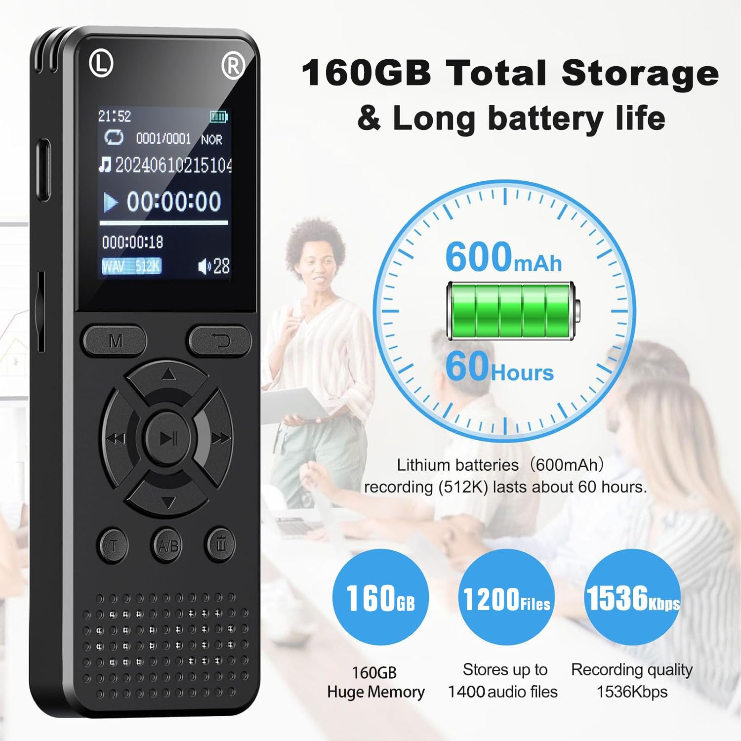 Enregistreur vocal numérique 160 Go avec lecture – Appareil d'enregistrement audio de 9999 heures pour entretiens de conférence, 3072 Kpbs HD double micro pour répétition A-B, lecteur MP3