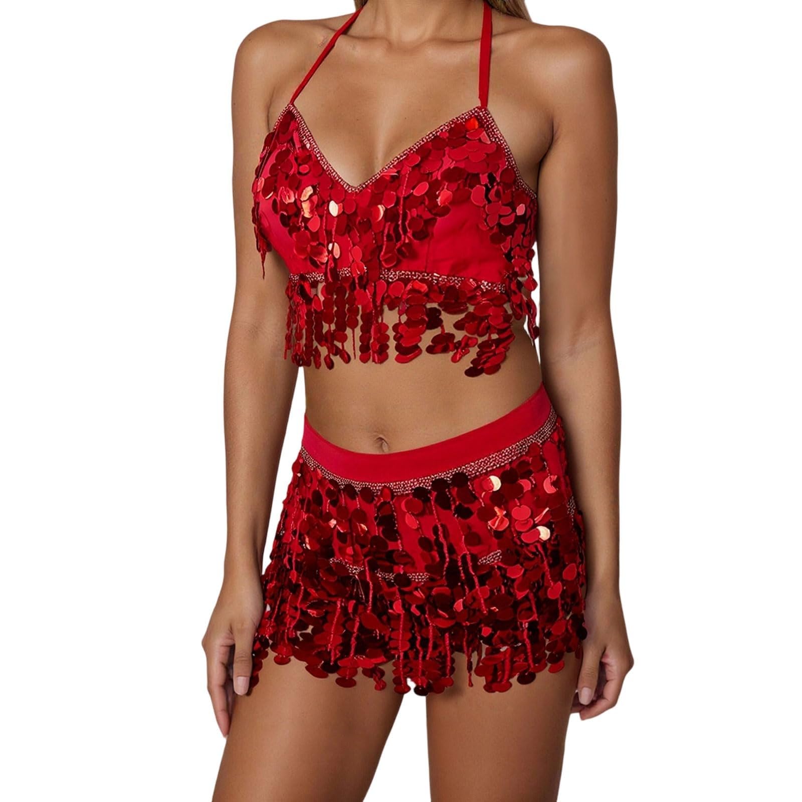 Maxi gonne da donna senza pancia, paillettes, gonne a frange, set reggiseno da danza, top, costume da donna e ragazza
