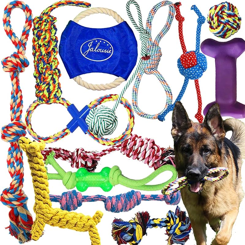 Jalousie - Juego de 14 juguetes surtidos de cuerda para masticar cachorros para razas pequeñas, medianas y grandes