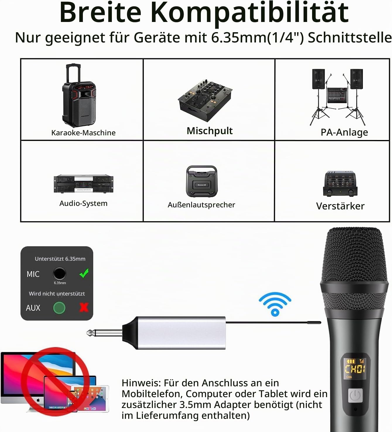 DigitConvert Mikrofon Kabellos, UHF Metall Kabelloses Dual-Handmikrofon, 1/4" Ausgang fur Verstärker, 200 Fuß Empfangsreichweite, für Karaoke, Gesang, Hochzeit, DJ, Party, Rede, PA