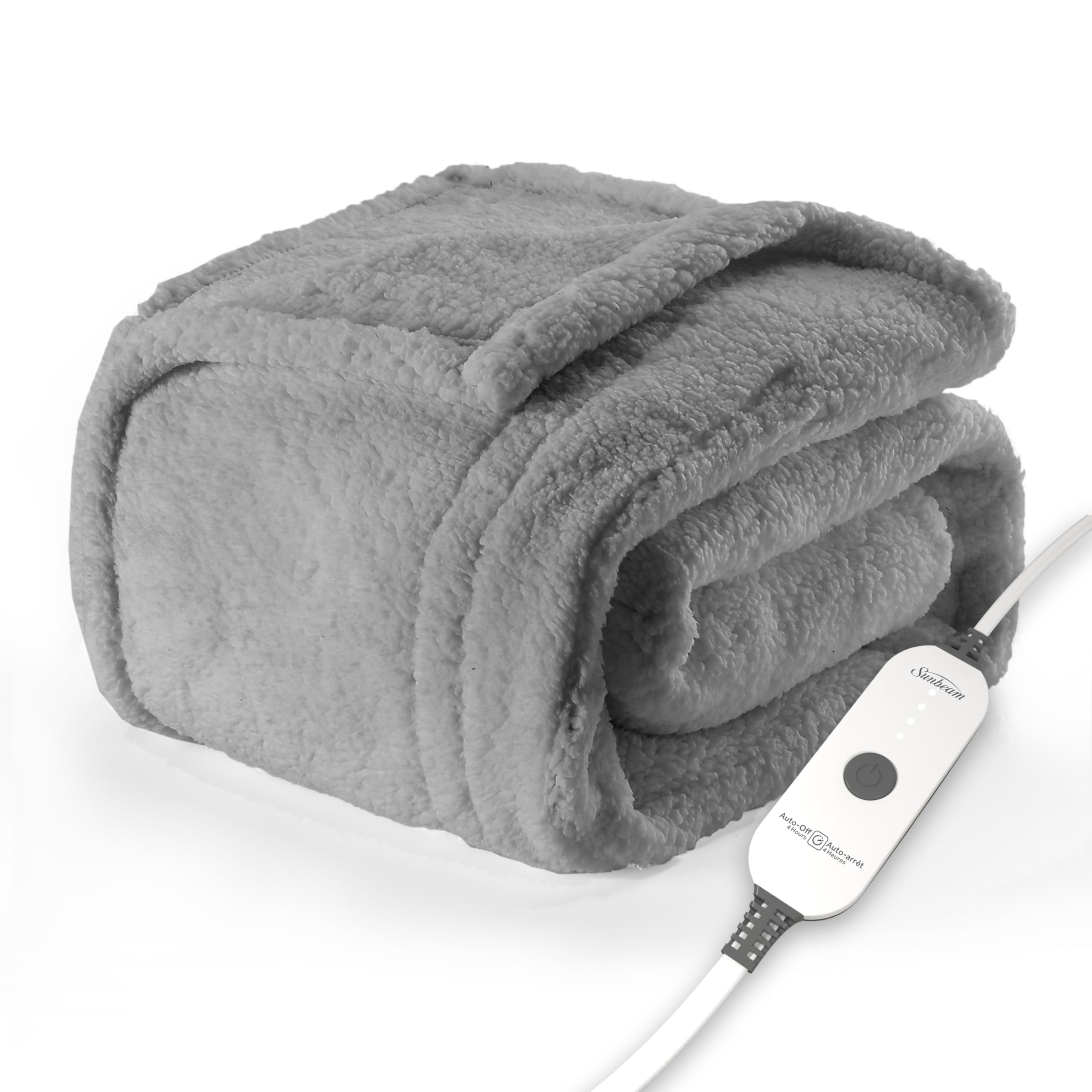 Sunbeam Royal Sherpa Foot Pocket Heated Throw Electric Blanket, 50" x 60", 4 Heat Settings, 4-Hour Auto Shut-Off, Warming Throw for Couch or Bed, Fast Heating, Machine Washable, GreyOEKO-TEX STANDARD 100