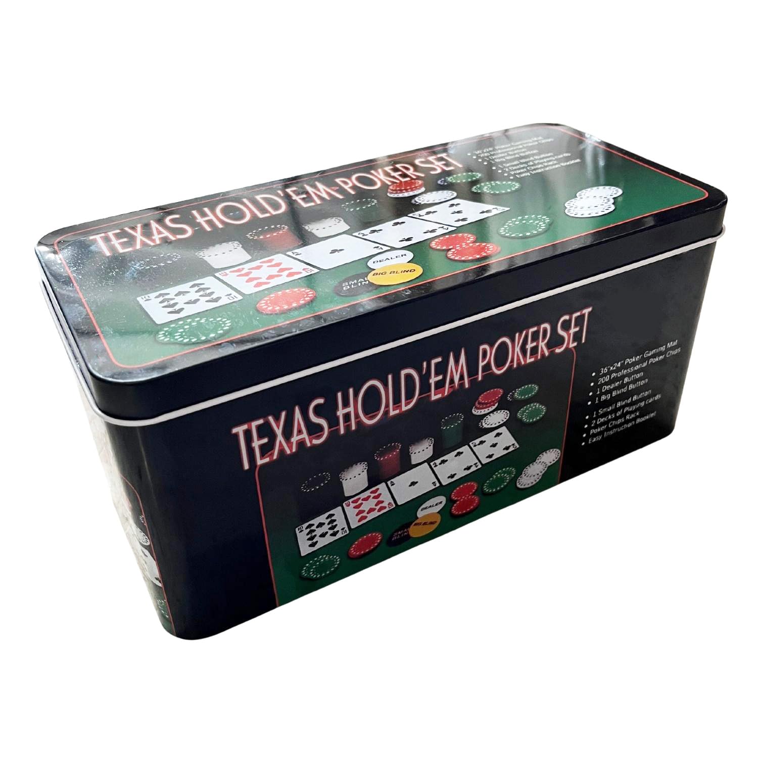 AUTOZOCO Set de Póker, Juego de póker Completo, Juego de Blackjack, Incluye 200 fichas, 2 Barajas de Cartas, botón de repartidor, ciega pequeña, Gran ciega, tapete de Juego, Caja metálica