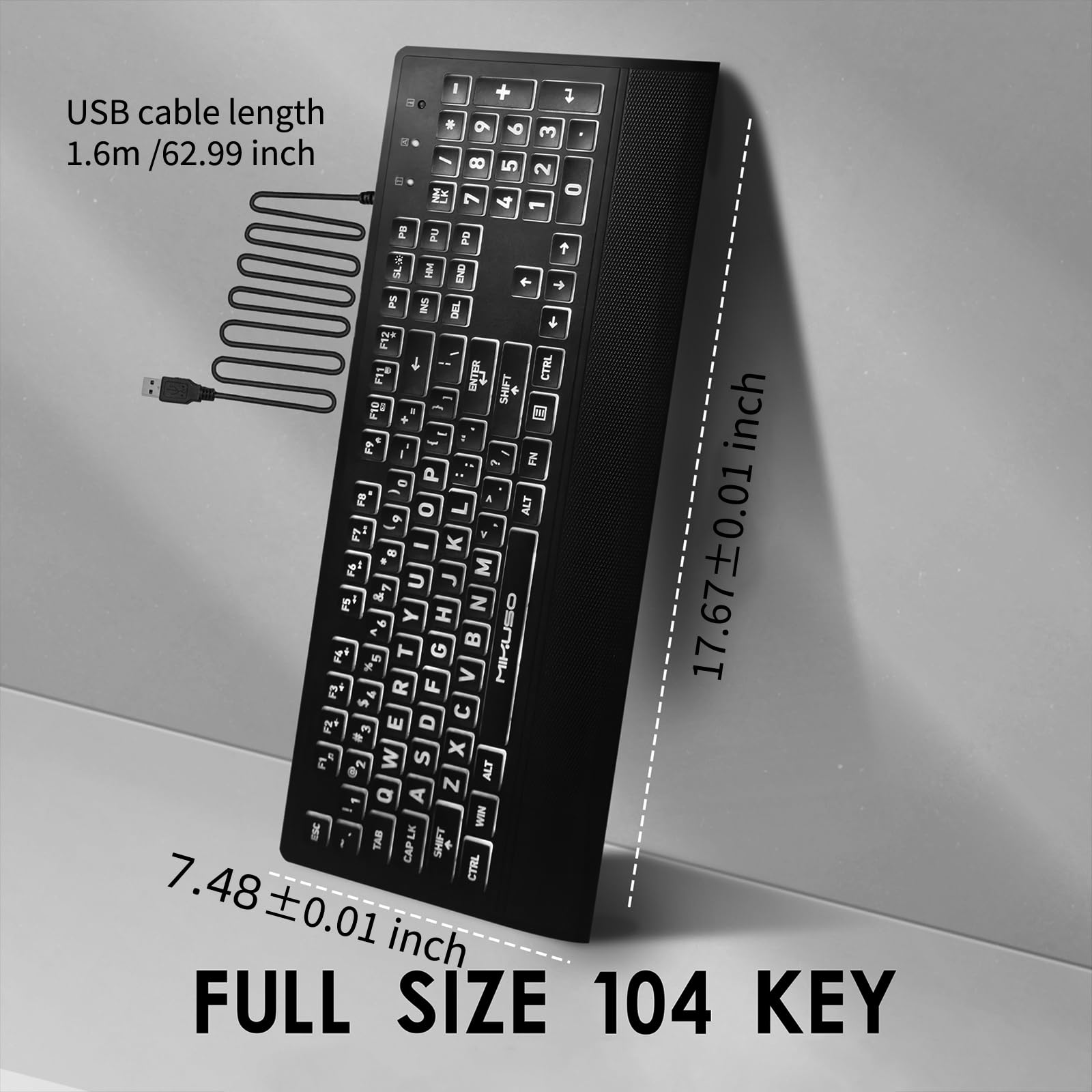 Großgedruckte Tastatur mit Hintergrundbeleuchtung für Senioren, Sehbehinderte, kontrastreiche schwarze Tasten, weiße LED mit Abdeckung, kabelgebunden, USB 104 in voller Größe, leicht zu lesende große