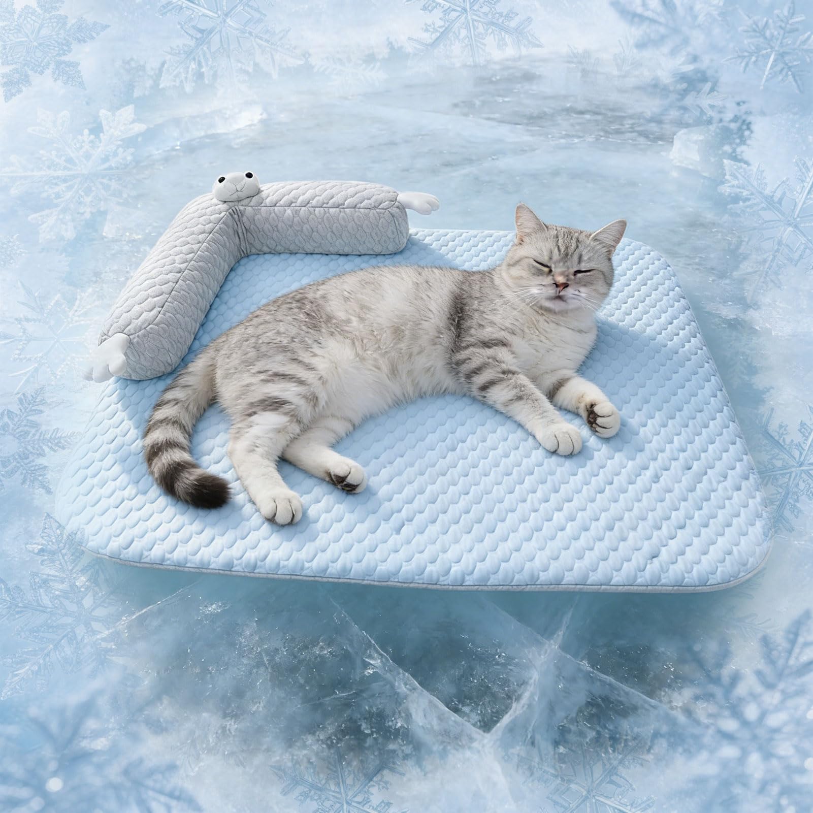 Tapis rafraîchissant pour chiens et chats - Lit lavable avec oreiller en forme de U - Tapis rafraîchissant pour chiens et chats (65 x 50 cm)