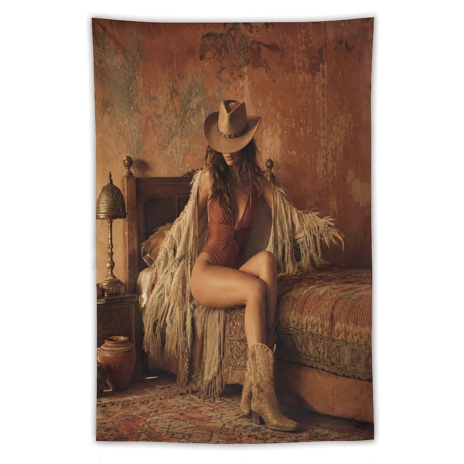 W7C8U2X3 Rustic Cowgirl Bedroom Wall Tapestry, Oil Painting, Apartment
