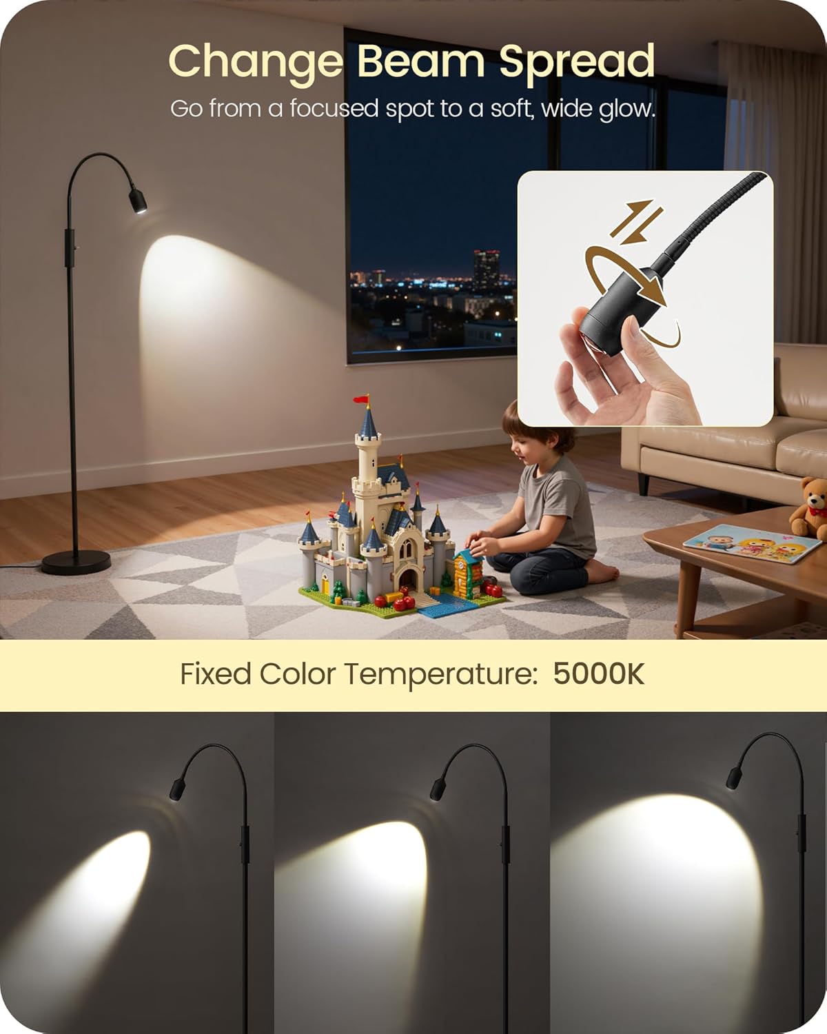 reading floor lamp, 74.2" tall led lamp with, 360° flexible gooseneck & touch control, 5000k 6w led, sturdy base, crafts standing lamp, for reading, living room, matte black b16ld05