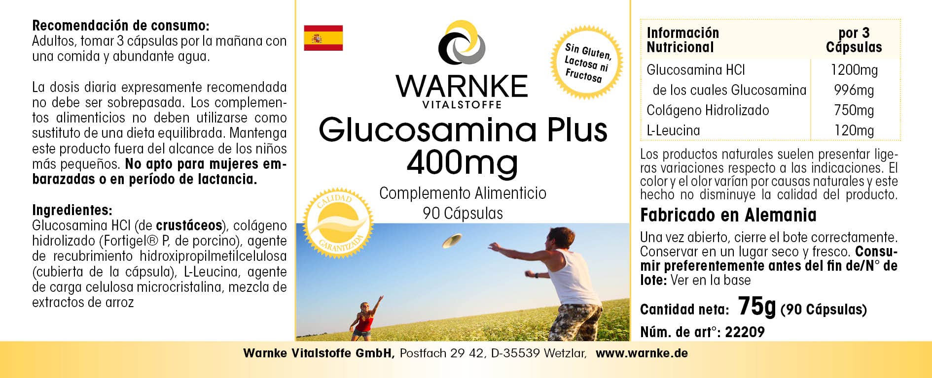 Glucosamine Plus 400mg - avec 1200mg de Glucosamine par dose journalière - 90 gélules - Avec Collagène | Warnke Vitalstoffe - Qualité des pharmacies allemandes (Lot de 3)