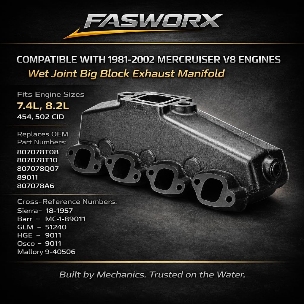 FASWORX Two Cast Iron Exhaust manifolds Compatible with Mercruiser 7.4L, 8.2L, 454, 502