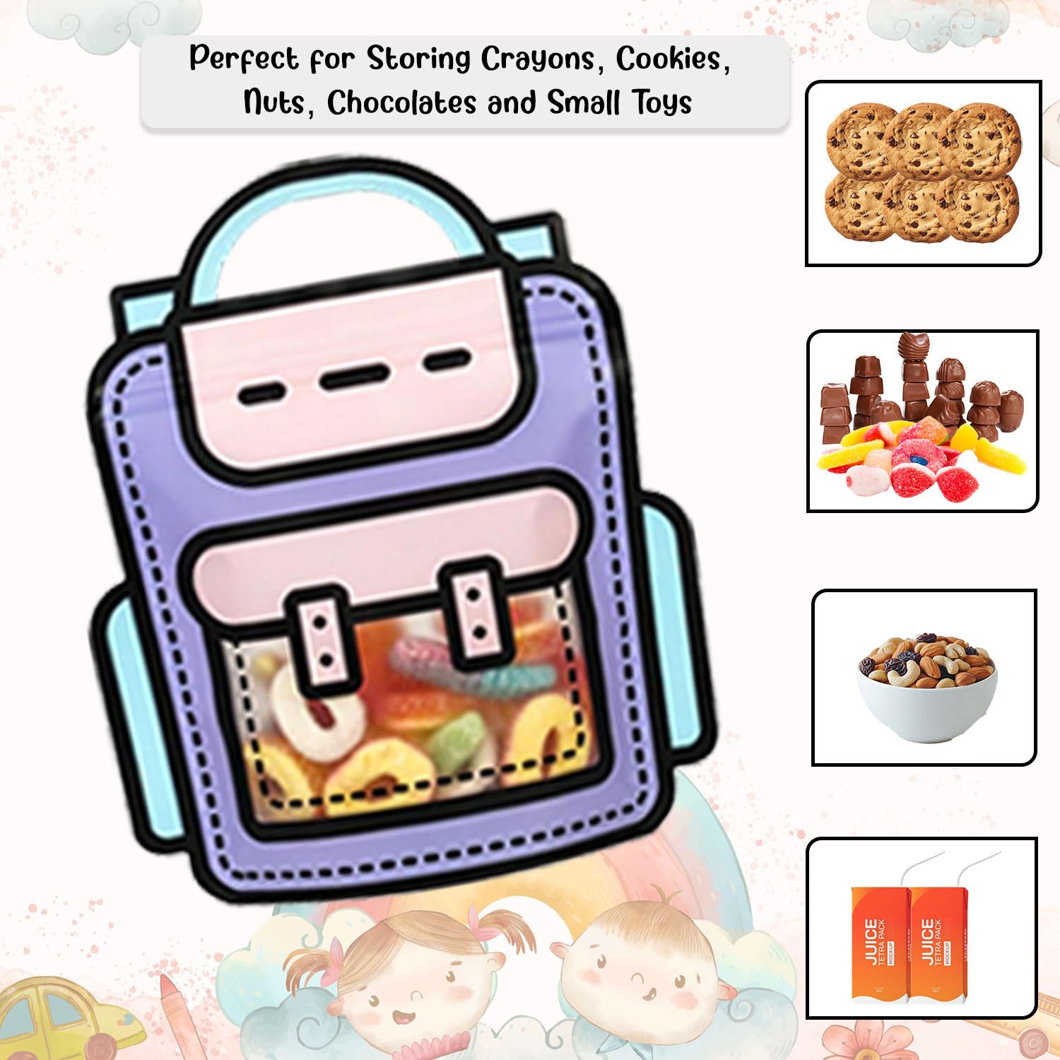 SKY FLEXI PACK – 16 Pcs, Medium, School Bag Themed Candy & Cookie Bags (24cm x 28cm, Purple) – Perfect Goody Bags for Kids, Ideal for Return Gifts for Birthday and Party Favors 4