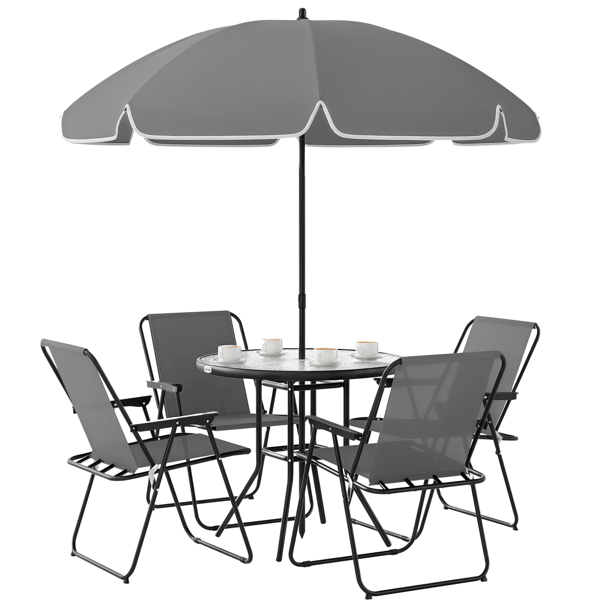 Outsunny zestaw 6-częściowy mebli ogrodowych: 4 krzesła składane, stół szklany, parasol, patio, taras, szary
