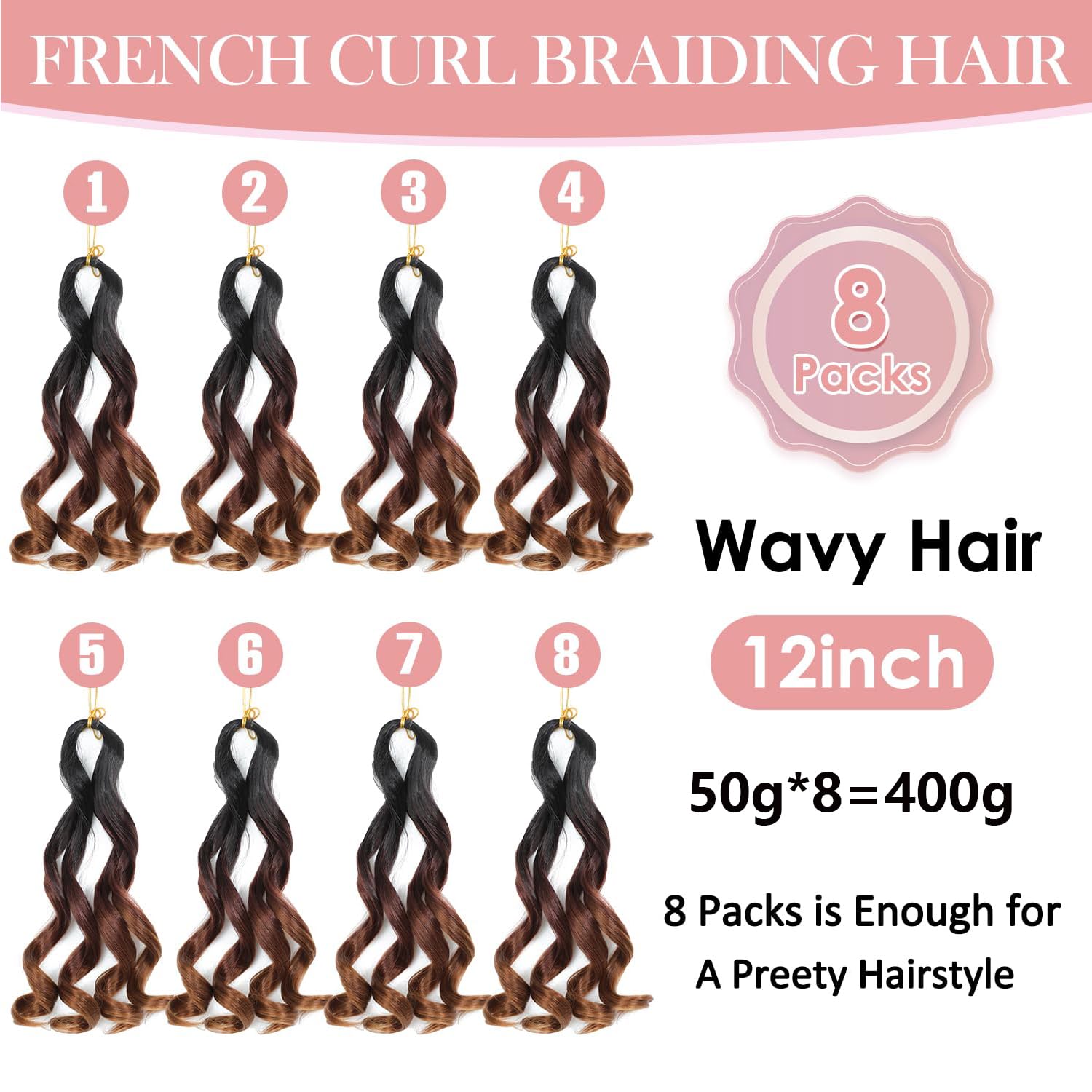 WoWCFyyds 8 Packs French Curl Braiding Hair 12 Inch Loose Wave Spiral Curly Braiding Hair Extensions 50g/Pack Soft French Curls Synthetic Hair Extensions for Braiding(1B/33/30) - Image 4