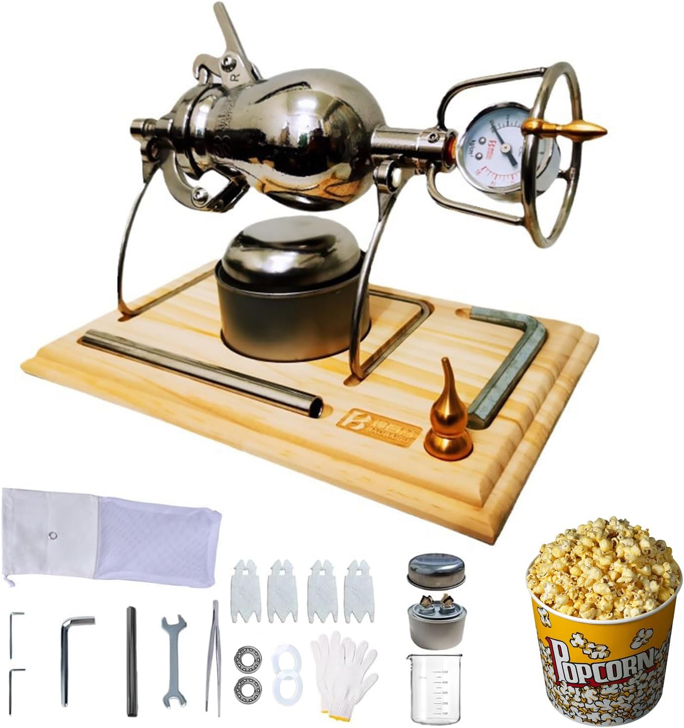 Retro Stainless Steel Popcorn Machine - High Pressure Popcorn Maker & Rice Puff Maker for Home Parties (520ml)