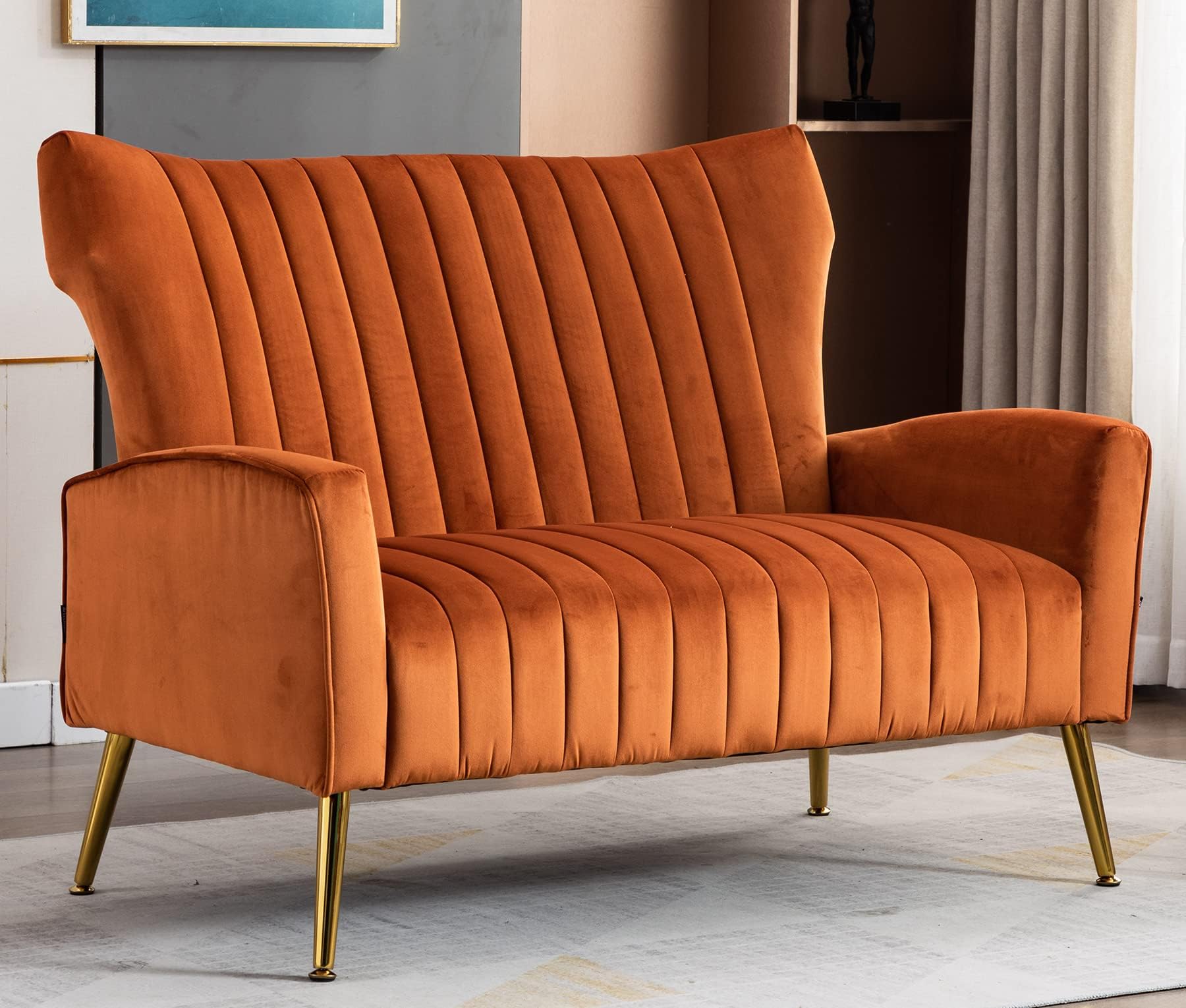 Artechworks Tufted Contemporary Velvet Wingback HighBack Loveseat Sofa Chair Upholstered Couch with Gold Metal Legs Two-Seat Sofa for Living Room
