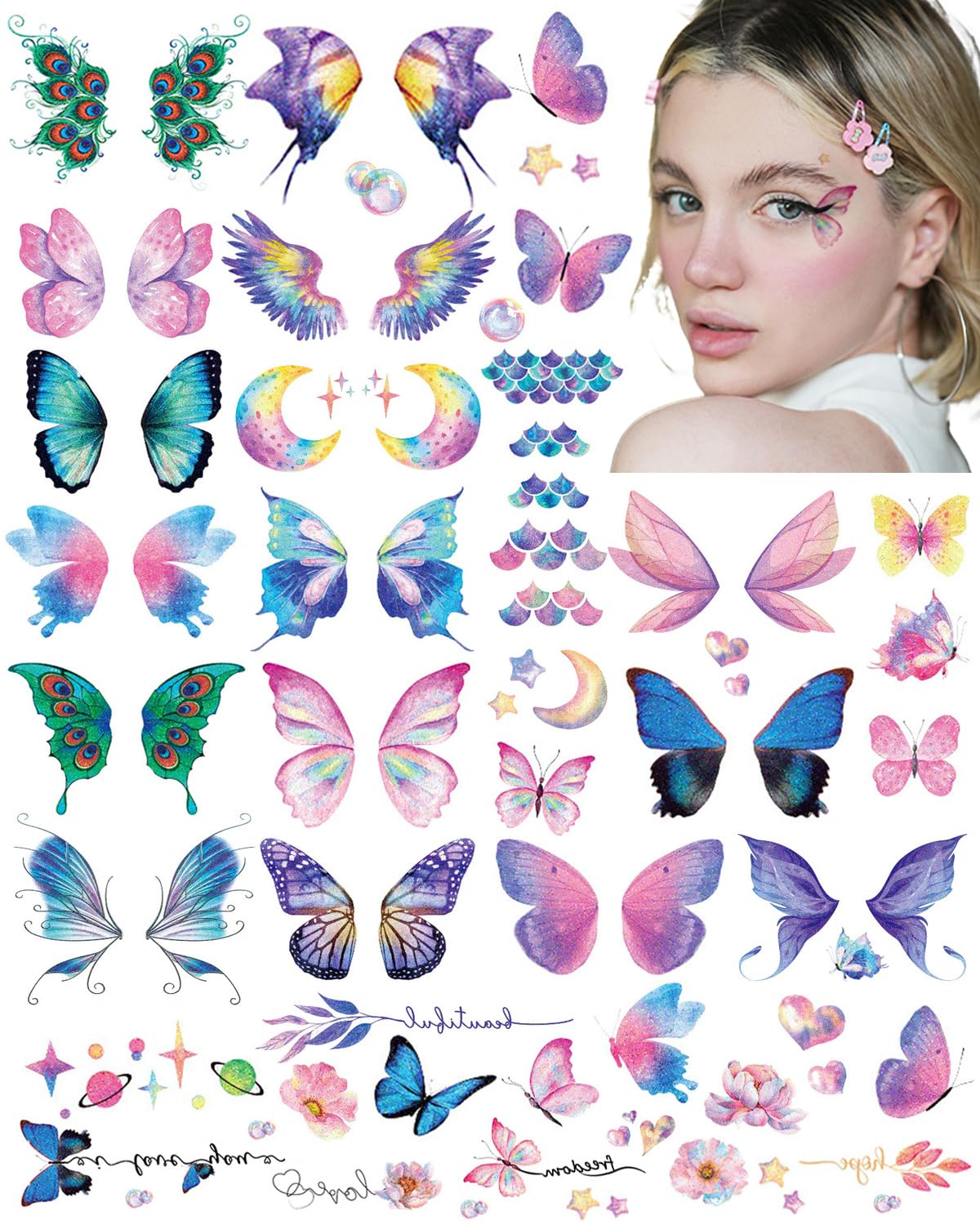 Glitter Butterfly Makeup Temporary Tattoos for Women Girls Kids, 12 Sheets Colorful Butterflies Wings Fake Fairy Tattoo Stickers Waterproof for Face Eye Makeup Birthday Party Favors Gifts