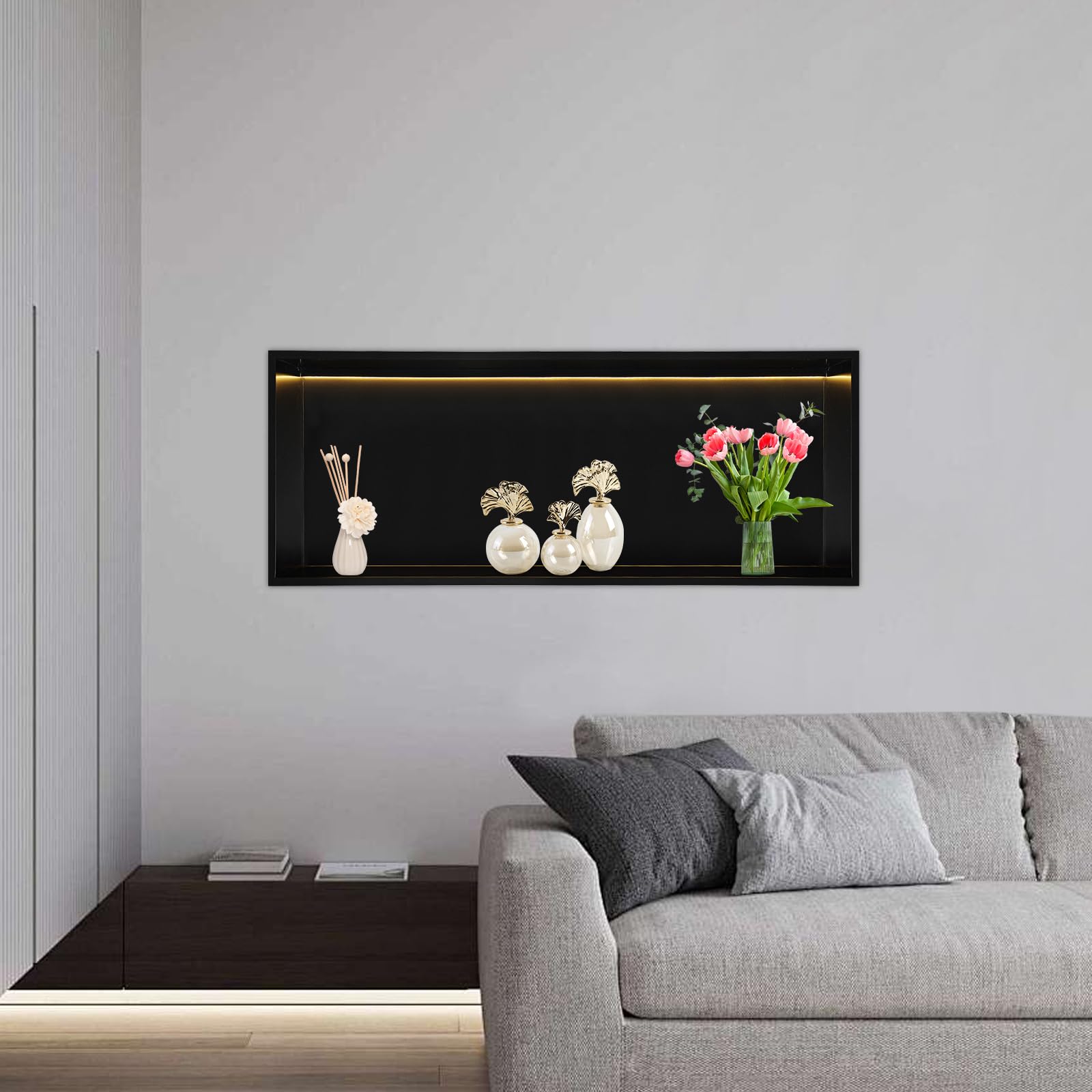 Edelstahl Duschnische: Wandnische mit LED-Licht, 70 * 28 * 12,5cm, ideal für Badezimmeraufbewahrung, Schwarz