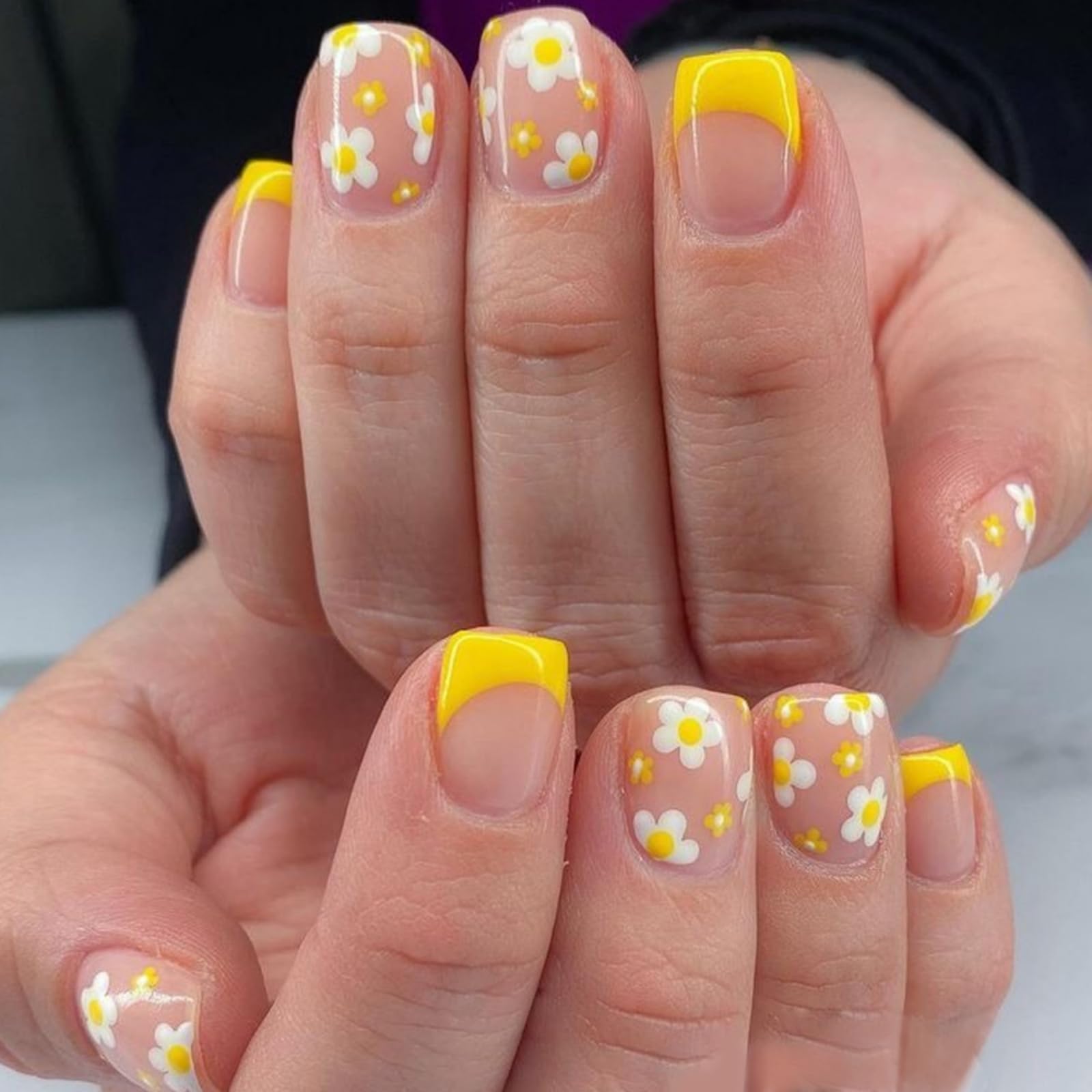 French Tip Press on Nails Short Square Fake Nails Flowers False Nails Glossy Full Cover Acrylic Nails Florals Glue on Nails Summer Artificial Stick on