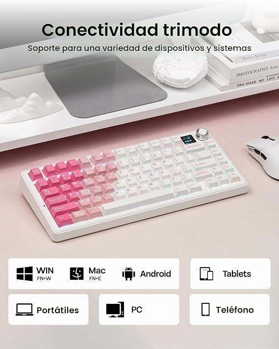 EPOMAKER X Aula F75 MAX Teclado Gaming Mecánico Inalámbrico, Blanco Rosado