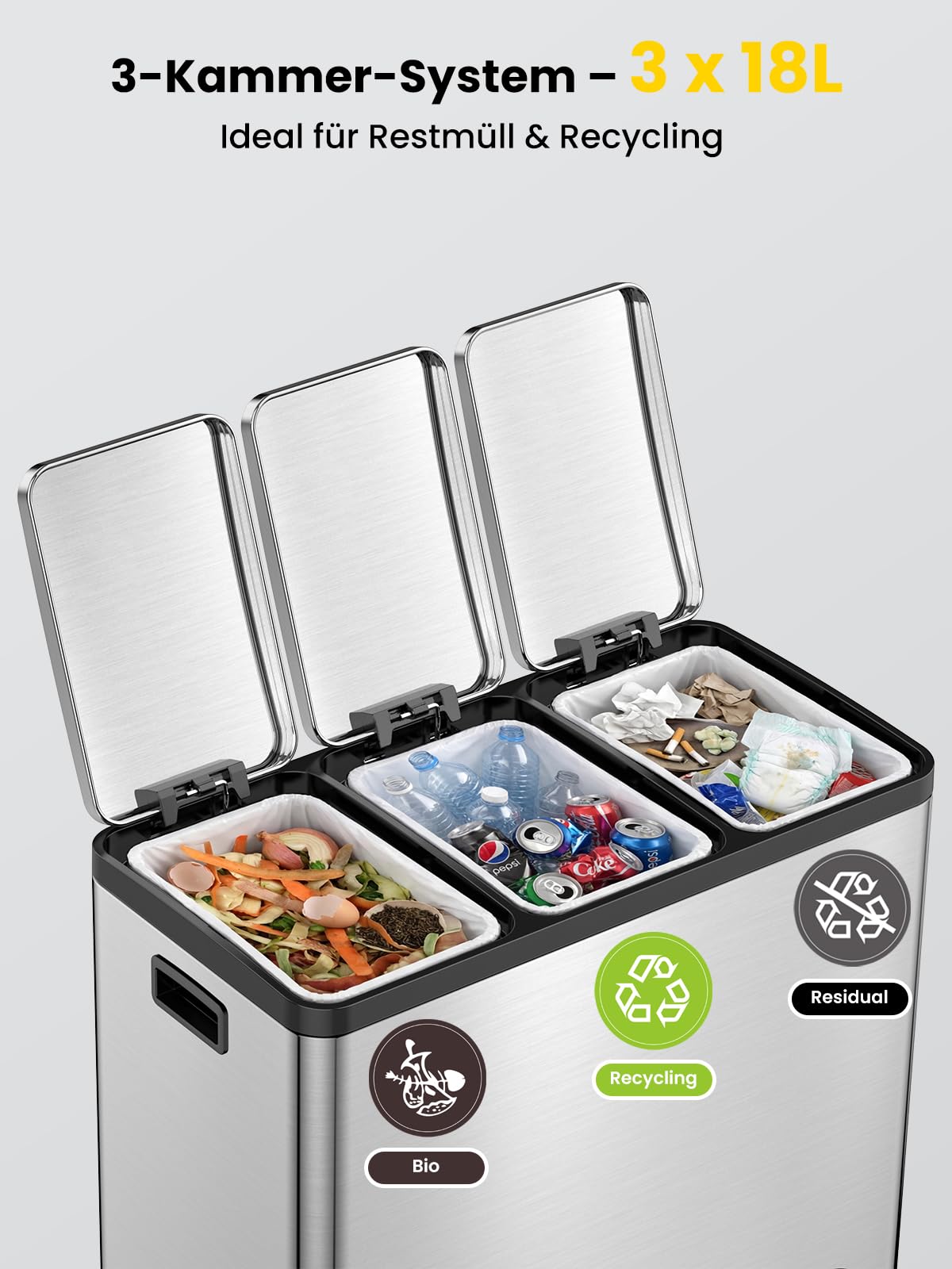 YEAUPE PRO Poubelle Cuisine 3x18L à Pédale, 54L Inox Poubelle Tri Sélectif 3 Compartiments, Triple Ouverture Indépendante, Soft Close Silencieux, Bacs Amovibles, 15 Sacs Inclus