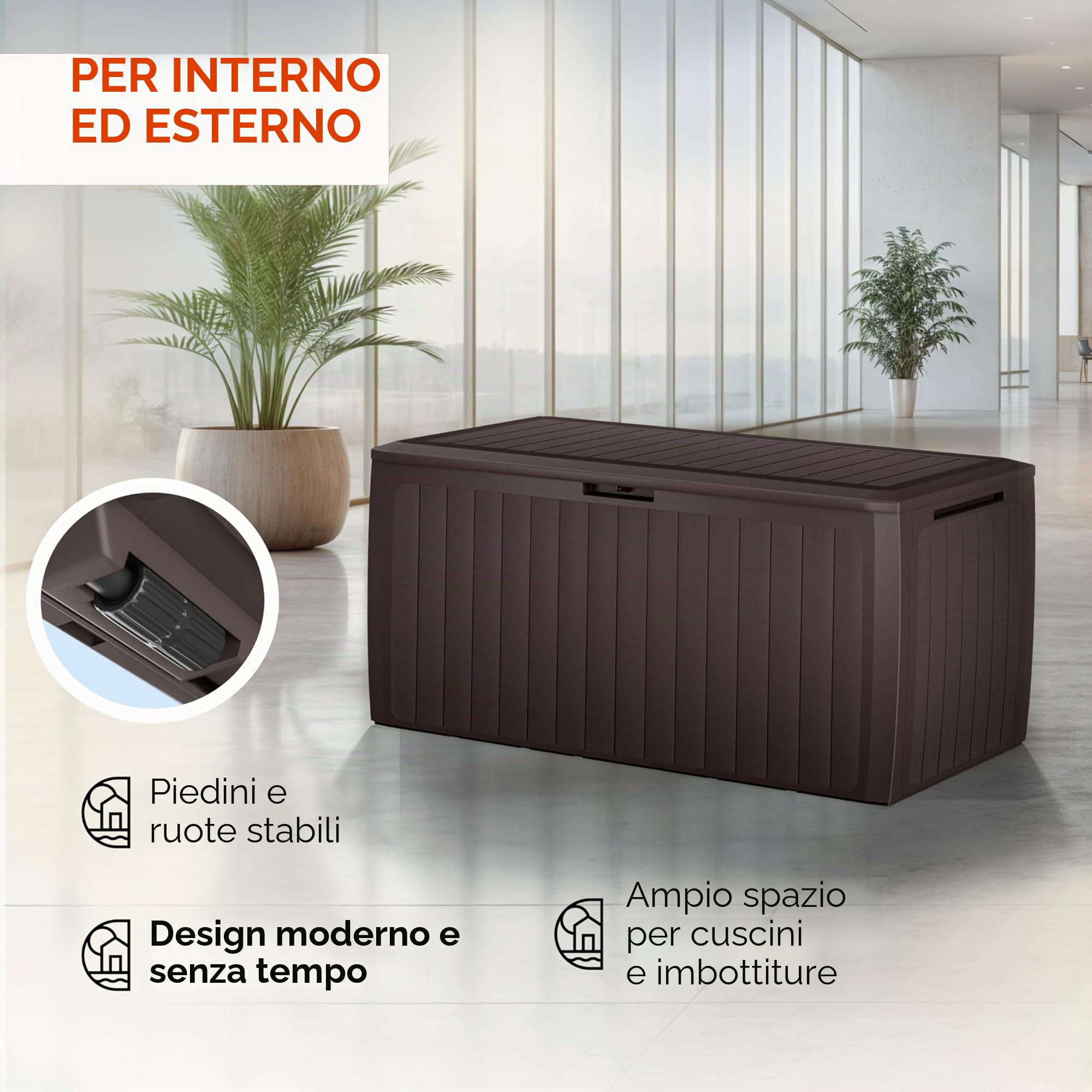 Casaria Baule da Giardino 117x47x60cm Aspetto Legno 290L Box Multiuso Multibox Cuscini 6 Ruote Coperchio Esterno