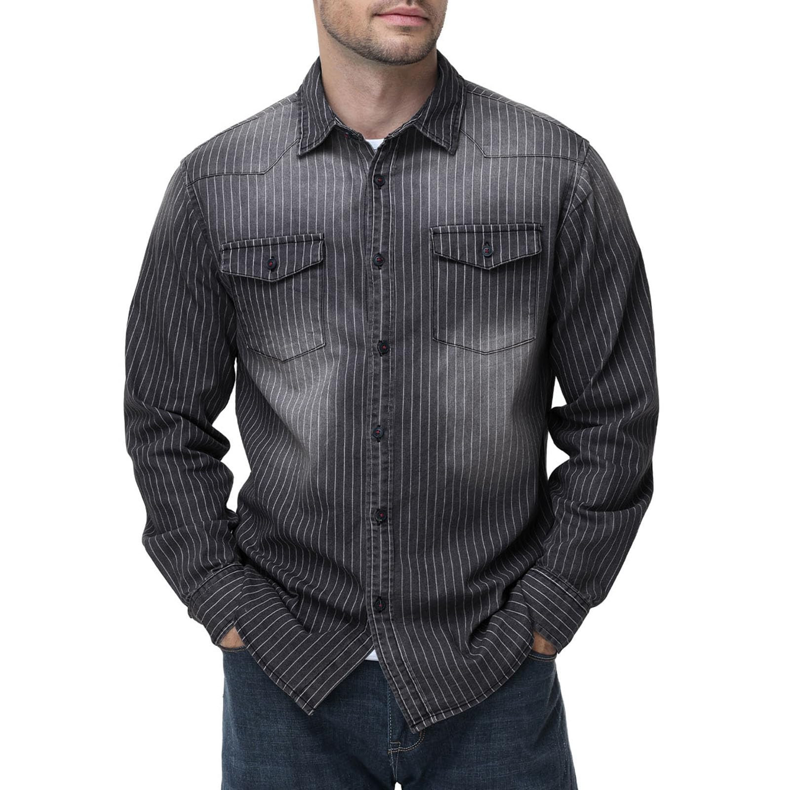Koszule męskie, koszula jeansowa z długim rękawem, koszula rekreacyjna, zwykła koszula biznesowa, slim fit męskie, szary, XL