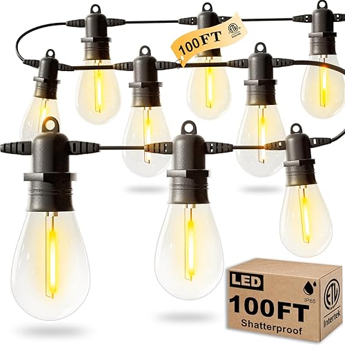 Jerritte S14 - Tira de luces LED para exteriores de 60 pies con bombillas Edison vintage inastillables luces de patio de grado comercial IP65