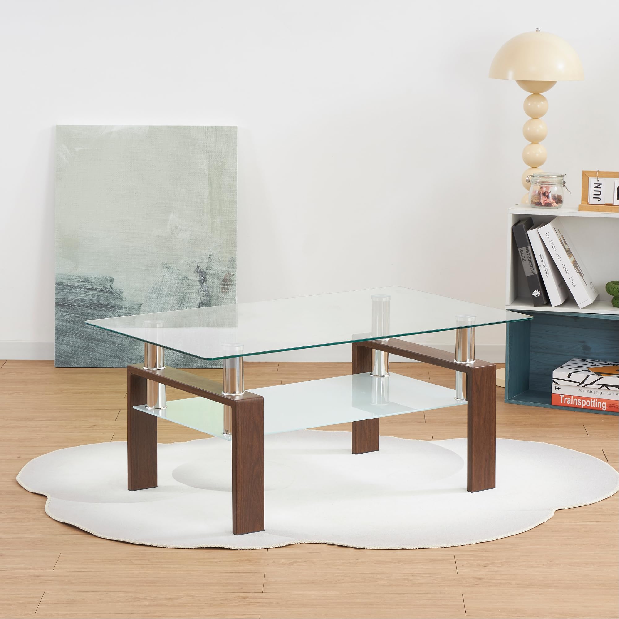Tavolino 100 x 60 x 44 cm Porter, Tavolino rettangolare con vetro temperato trasparente da 6 mm e struttura con finitura effetto noce, design elegante, per soggiorno e zona lounge