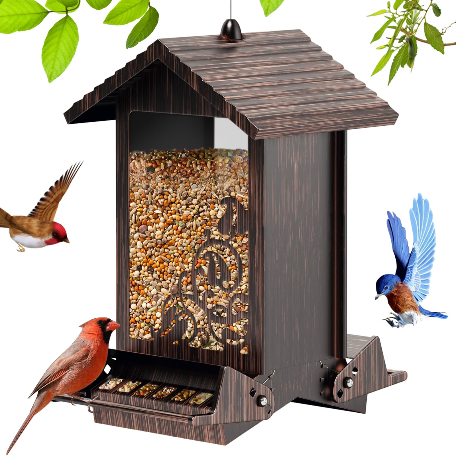 Squirrel Proof Bird Feeder for Outdoor Hanging, Metal Bird Seed Feeder with Bilateral Weight Activated Perches, 5LB Large Capacity Wild Bird Feeders for Outside,Easy Refill and Clean, Brown
