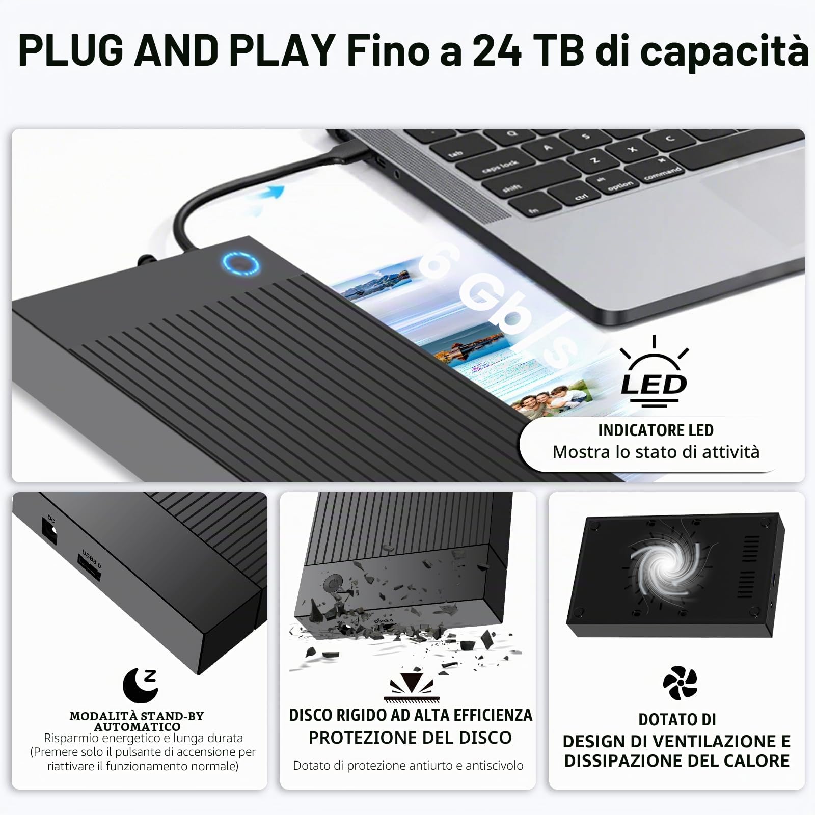 6Gbps Docking Station SSD Hard Disk Esterno HDD 2.5 o 3.5 pollici, USB 3.0 SATA HDD Adattatore per Dischi Rigidi SATA HDDSSD da 2,5/3,5 Pollici con Alimentatore da 12 V/2 A, UASP