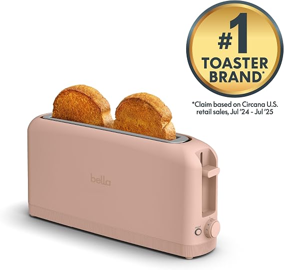 bella 2 Slice Slim Toaster, Fits-anywhereTM Kitchenware, 6 Setting Shade Control with Reheat & Cancel Buttons, Fits sourdough, 10 Long Slot, Anti Jam & Auto Shutoff, 900 Watt, Blossom