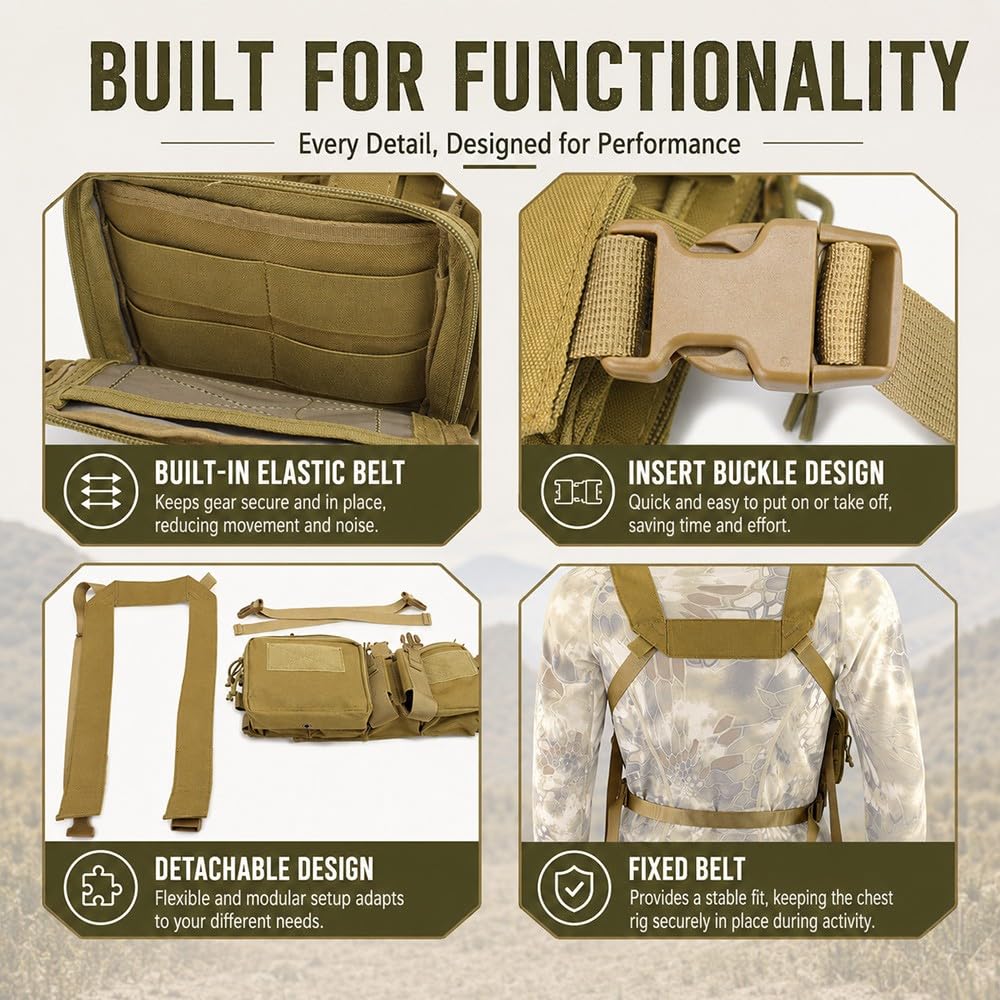 Chaleco Táctico Chest Rig Con Sistema MOLLE,Bolsa Pecho Ajustable Porta Multifunción Ideal Para Airsoft Caza Tiro Deportivo Senderismo Pesca Entrenamiento Outdoor