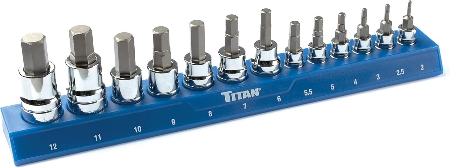 Titan 85530 13-Piece SAE Hex Bit Socket Set, Magnetic Socket Organizer with Laser-Etched Size Markings