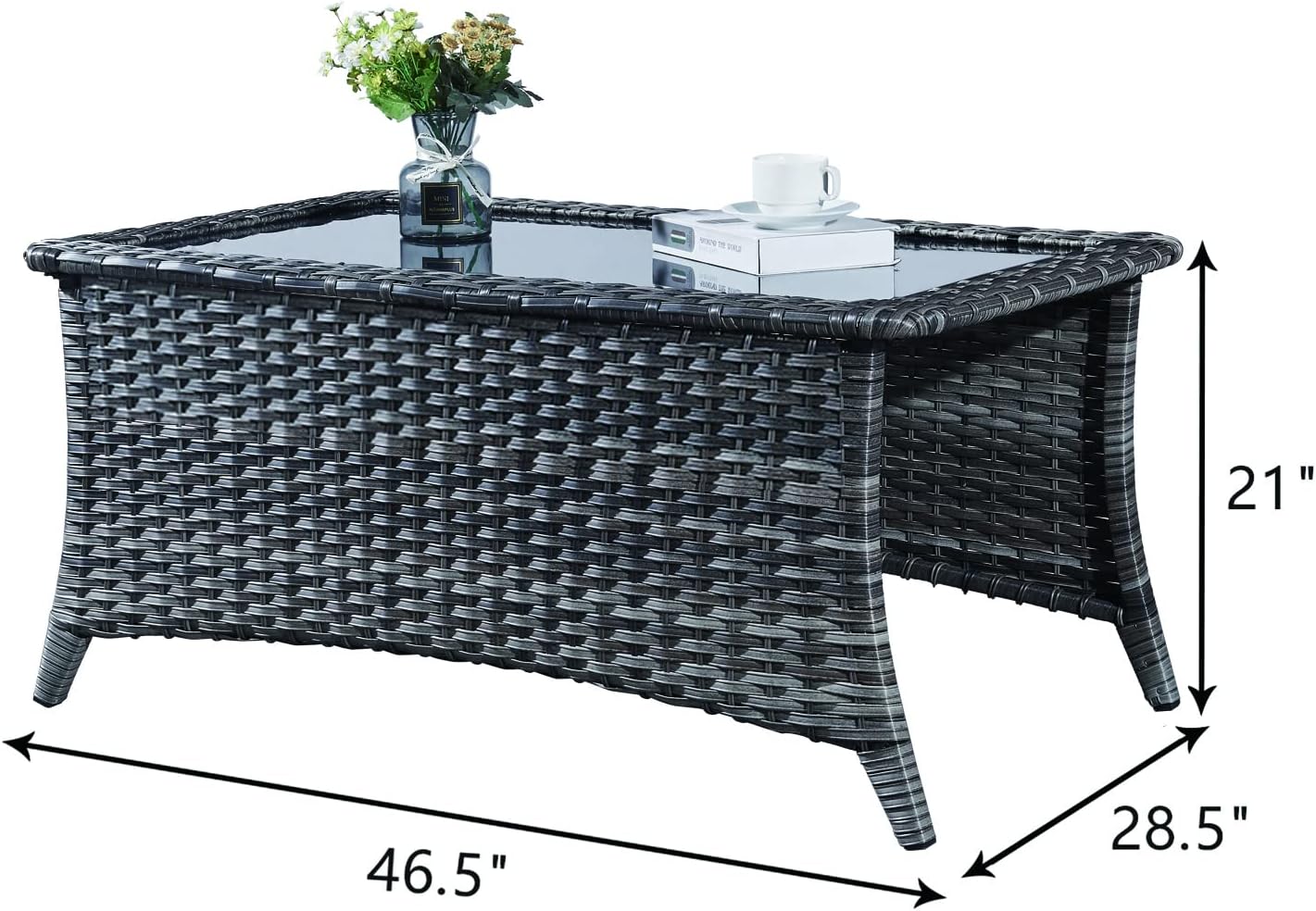 Rilyson Patio Tables Wicker Coffee Table - Outdoor Rattan Coffee Tables with Glass Top for Patio Proch Deck Balcony Rectangle Mixed Grey