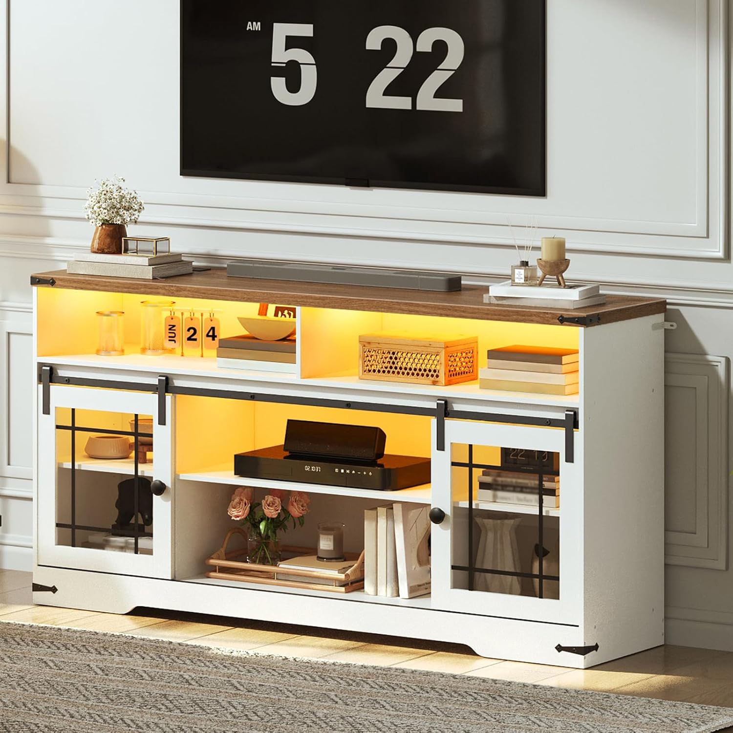 HOOBRO TV Stand for 65 Inch TV, Farmhouse Entertainment Center with LED Lights and Charging Station, Media Console TV Cabinet with Adjustable Shelves and Glass Doors for Living Room, White and Walnut