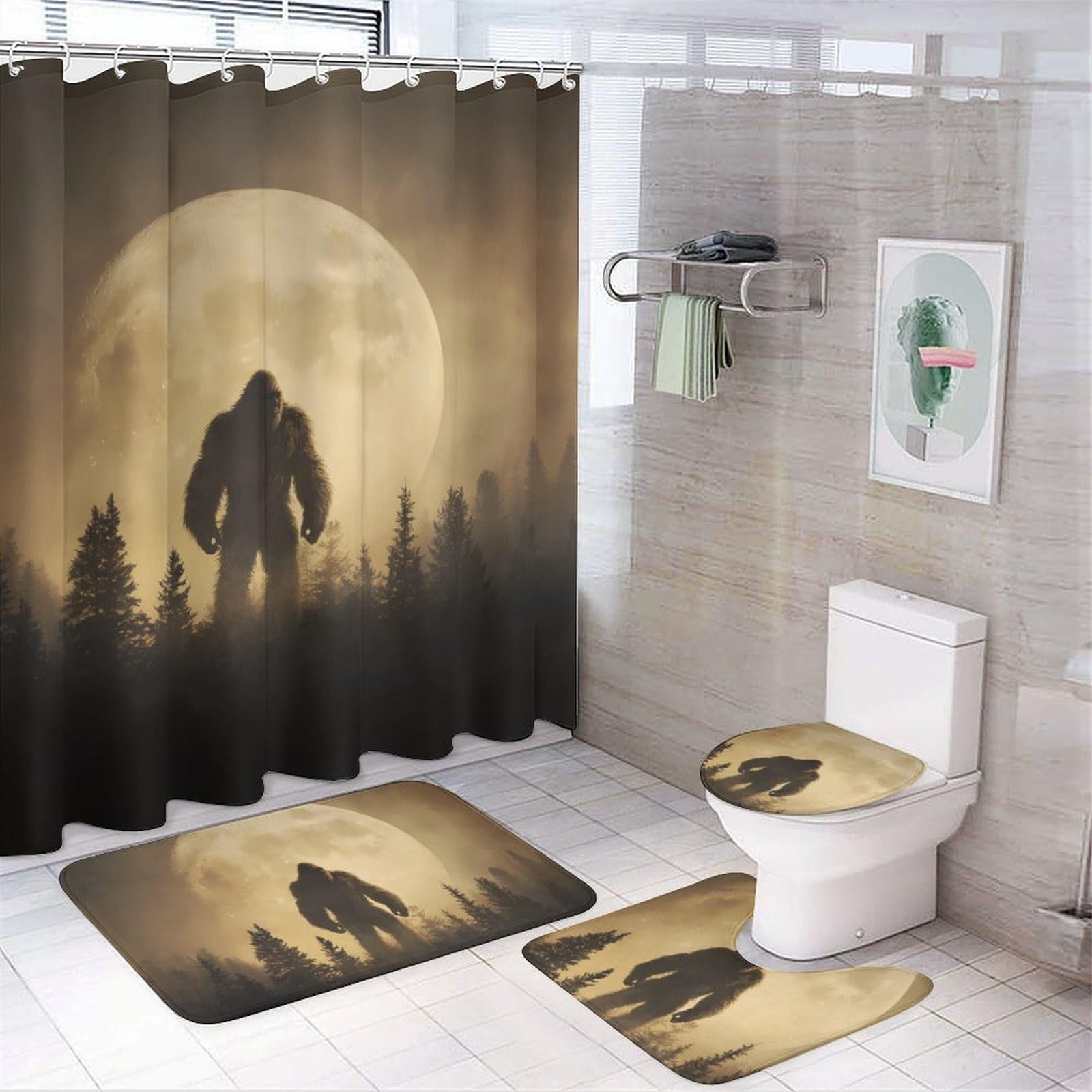 CGSBNGHA Bigfoot Sasquatch And Moon Shower Curtain Set 4 Piece Bathroom Sets with Rugs Toilet Lid Cover And U-Shaped Floor Mat