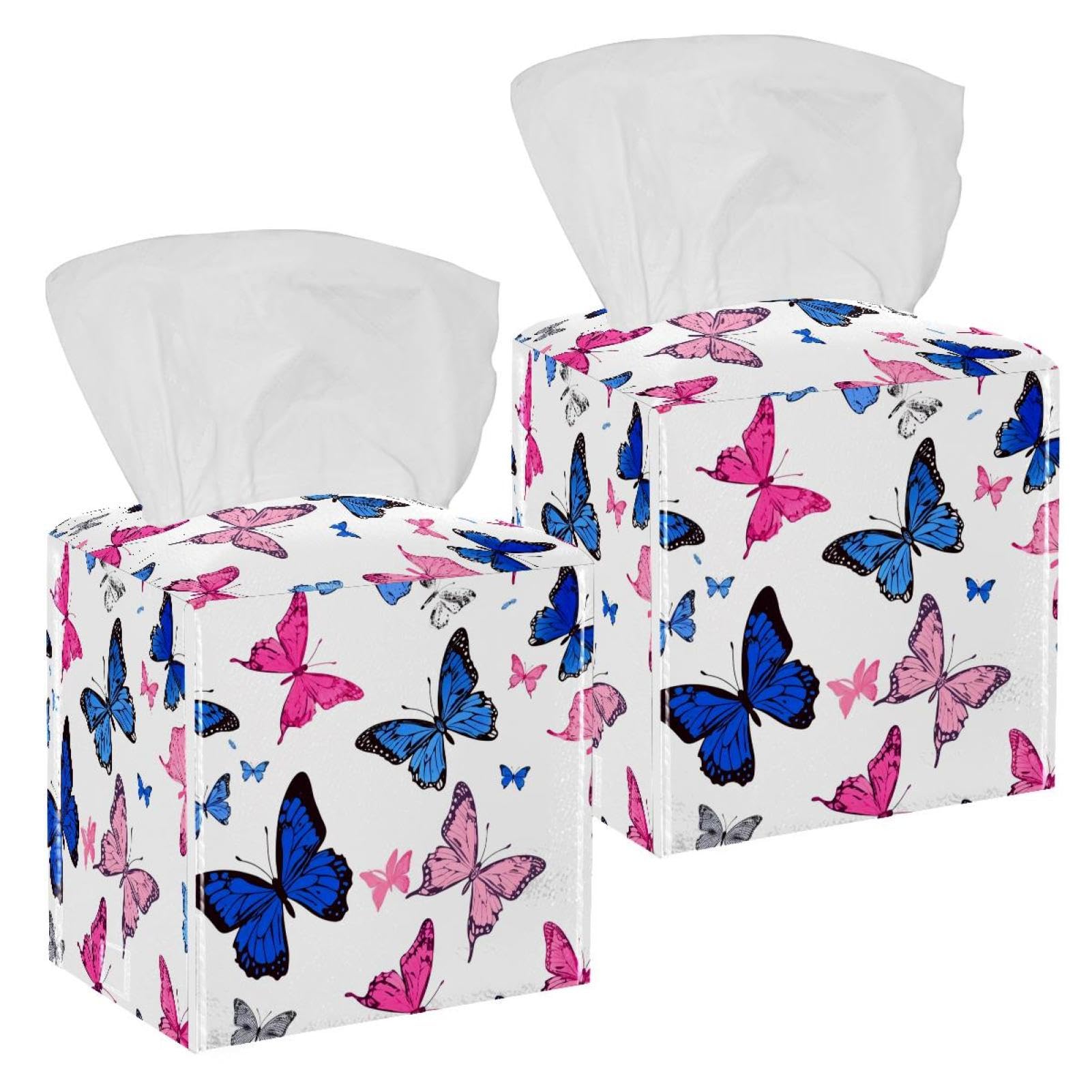 Butterflies Tissue Box Cover, 2 Pack PU Leather Square Facial Tissue Dispenser Box holder for Home Office Car