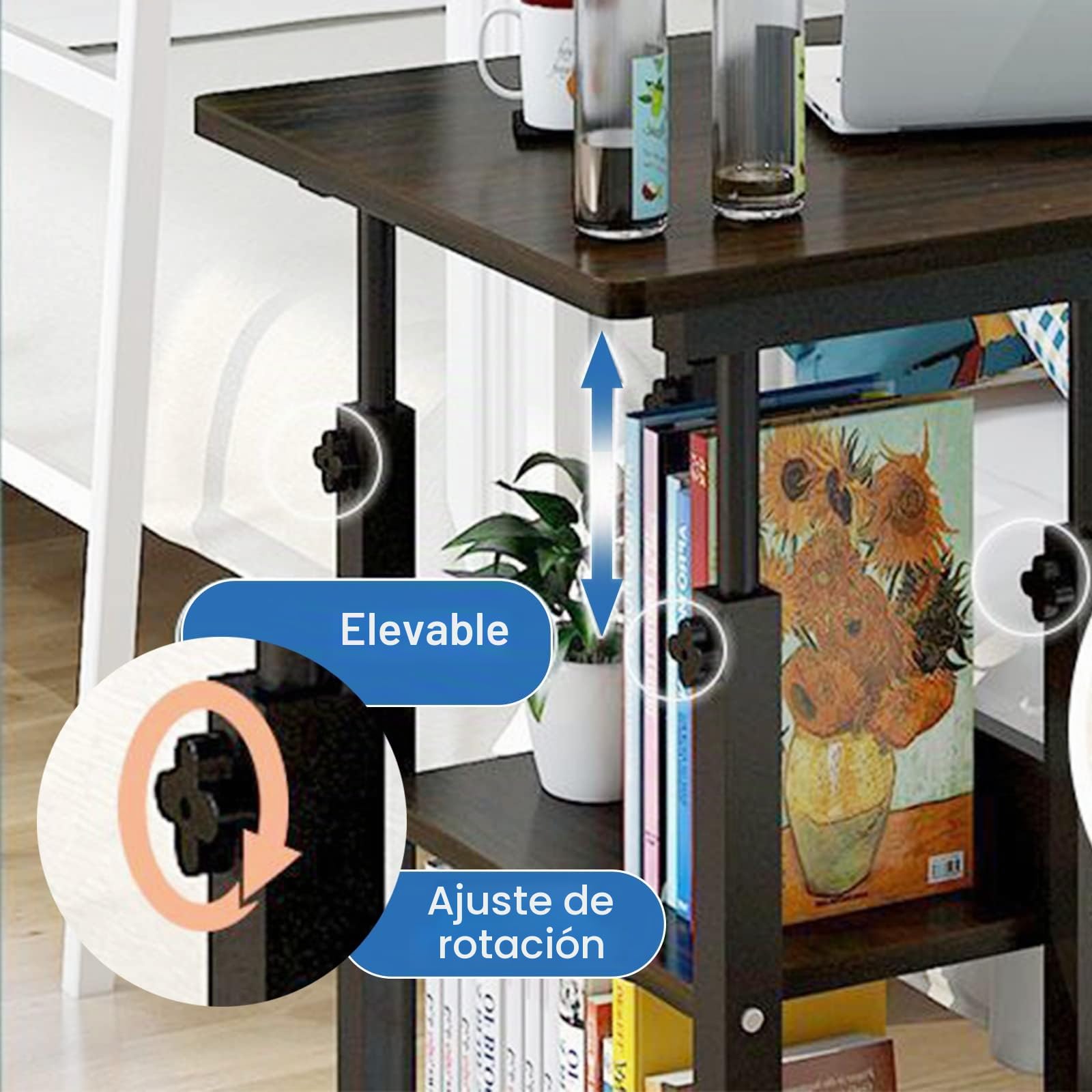 Escritorio de cama, mesa de cama, mesa de sofá, mesa de cama de hospital, escritorio regulable en altura, equipado con dos estantes de almacenamiento, equipado con ruedas, adecuado para el