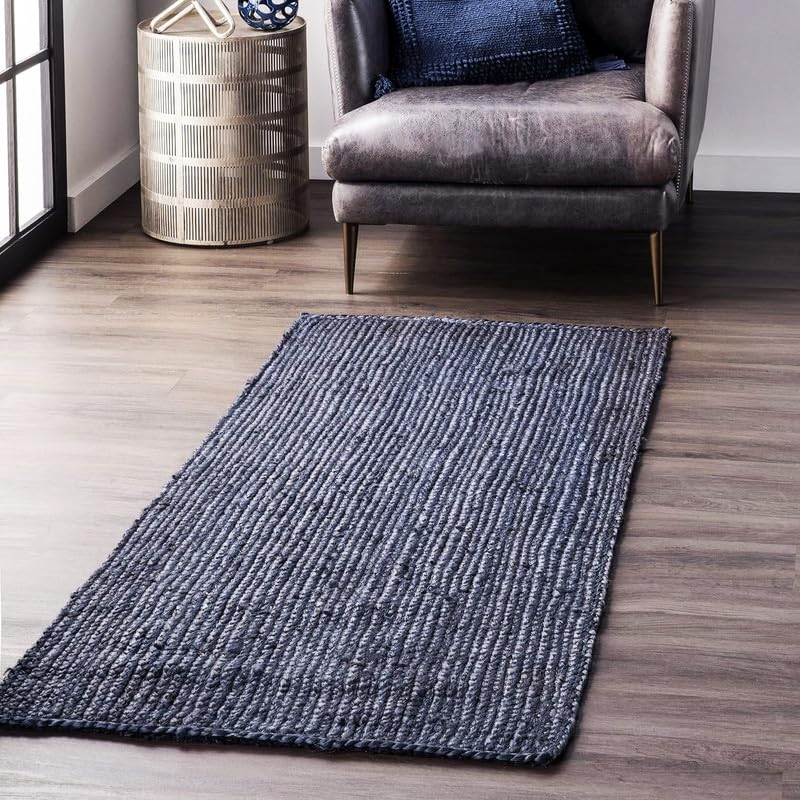 Tapis en jute tissé à la main et designs uniques de style bohème rustique – Tapis durable et respectueux des animaux domestiques – Pour salon, salle à manger et chambre à coucher – Bleu