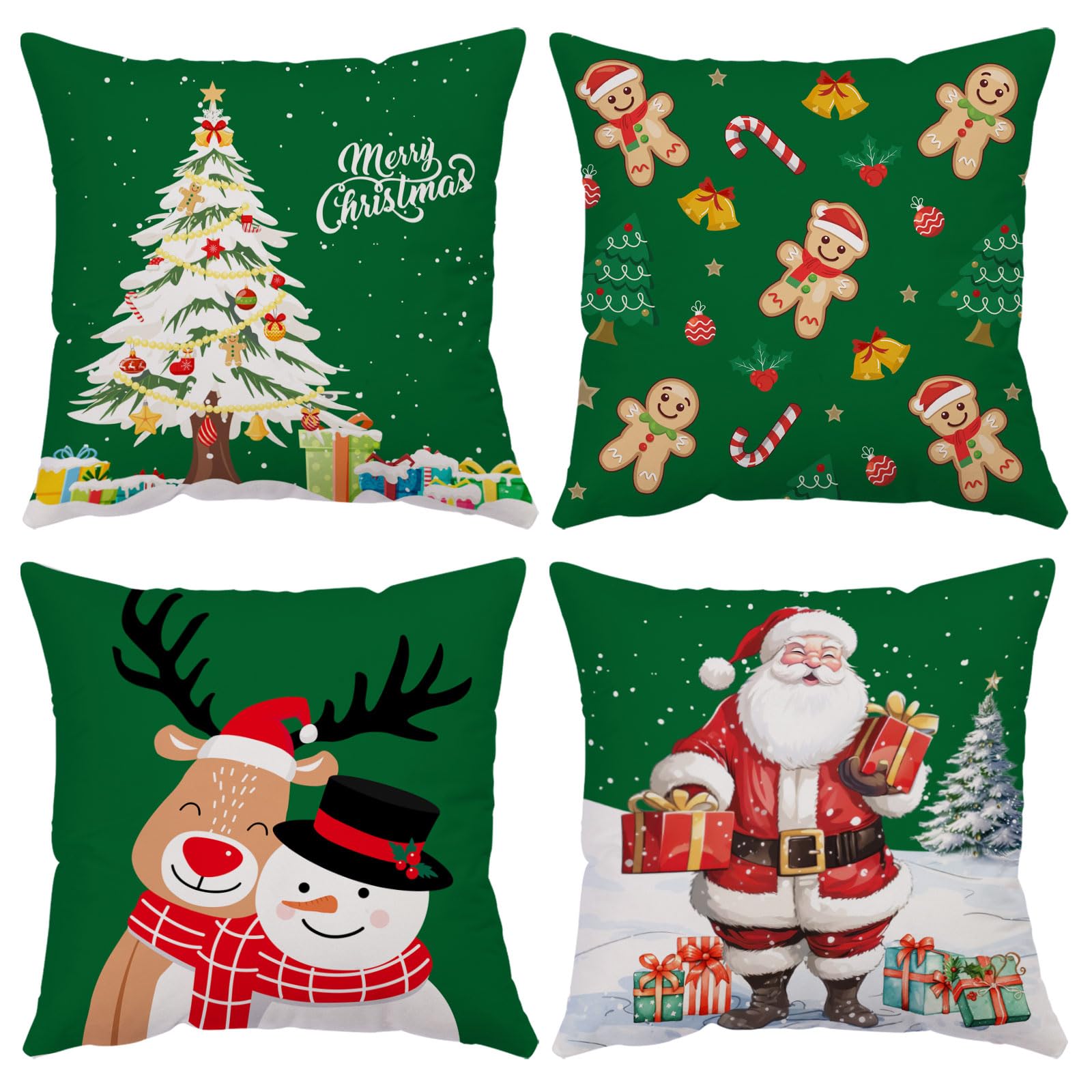 Christmas Pillow Covers 16x16 Set of 4 Velvet Christmas Pillow Cases Green Xmas Winter Holiday Throw Pillow Covers Christmas Tree Snowman Santa
