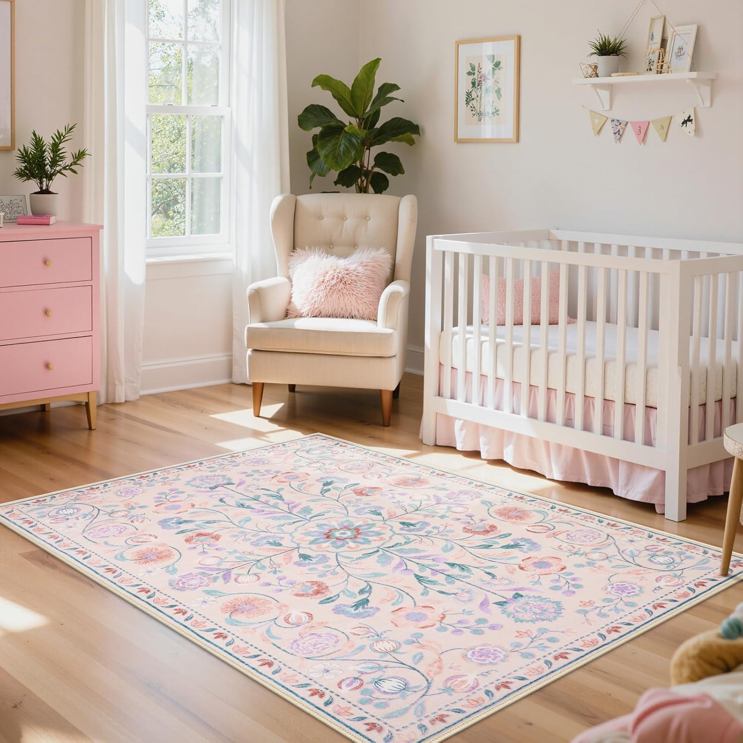 Anidaroel 5x7 Area Rugs for Living Room, Washable Pink Floral Rugs for Bedroom Girls, Soft Boho Nursery Rugs for Kids Playroom, Non Slip Low Pile Indoor Carpet for Bedside Dorm, Pink/Multi