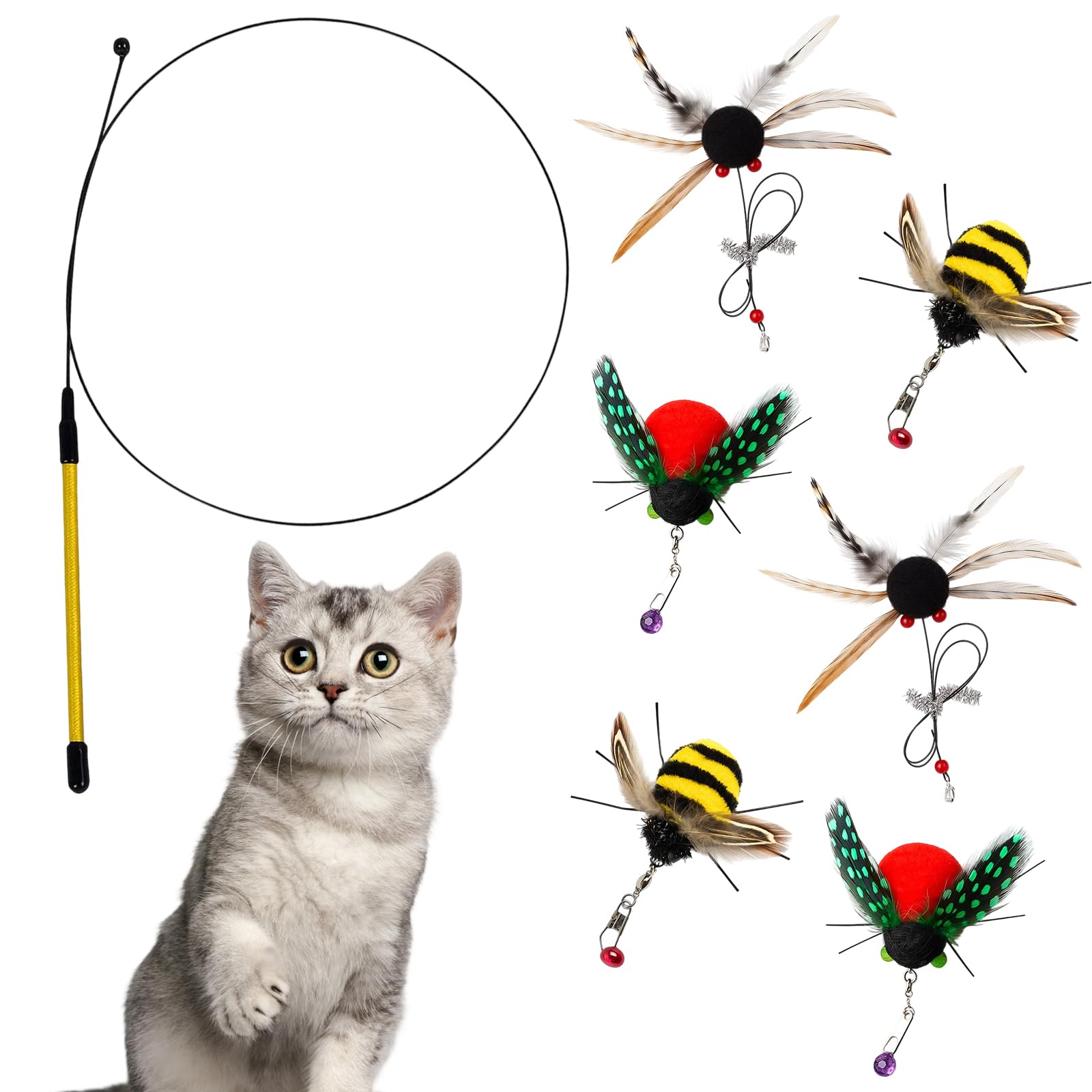 QhgPnt 7 Pack Cat Wand Toy, Interactive Cat Wand Toys for Indoor Cats with 6 Replaceable Heads, Durable Cats Stick Toy for Exercise and Play ﻿