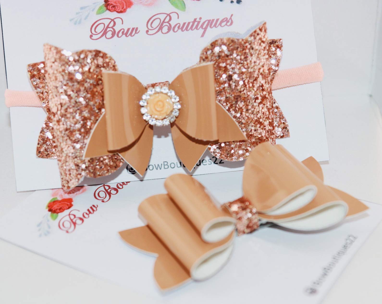 Bow Boutiques Brown color hair bows. Stretchy headband with Metallic hair bows. synthetic fabric with alligator clips for baby girls, kids. Hair accessories. New 2pcs/lot (LIMITED EDITION).