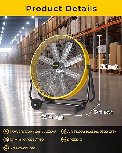 Miniatura 4 de VENTISOL 24 Inch Industrial Floor Fan, 3-Speed High Velocity Shop Fan with 8 Blades, Heavy Duty Drum Fan, 9500 CFM Outdoor Metal Fans for Garage