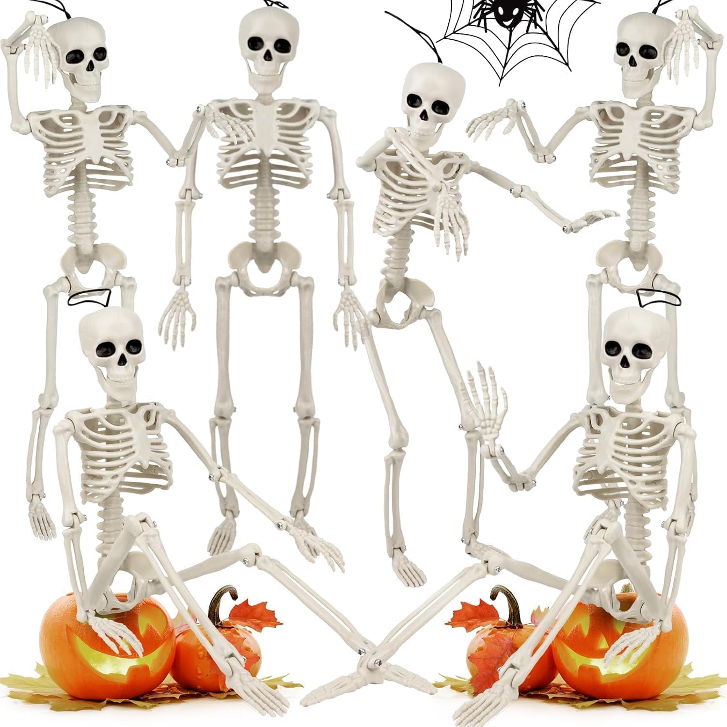 Jpqianhao White 6Pcs Halloween Skeleton Decorations,16" Full Body Mini Skeleton With Movable Posable Joints, Realistic Spooky Scary Prop For Party Decor, Graveyard, Haunted House Prop Decor(White)