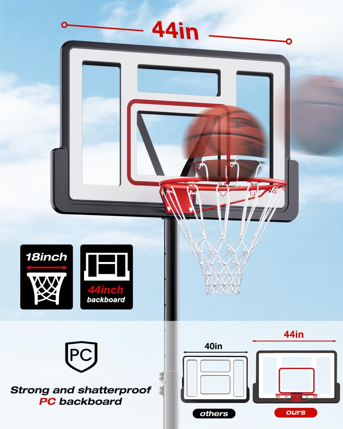 Basketball Hoop Outdoor 10 FT Height Adjustable, Portable Basketball Goals Systems with 44" Backboard for Youth Adults Kids - Backyard, Driveway, Indoor Play