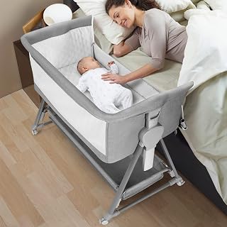 Cowiewie Pyramid Light Gray Bedside Bassinet Sleeper - 7 Height Adjustable, Breathable Mesh, Storage Basket, Portable Folding for Newborns 0-6 Months