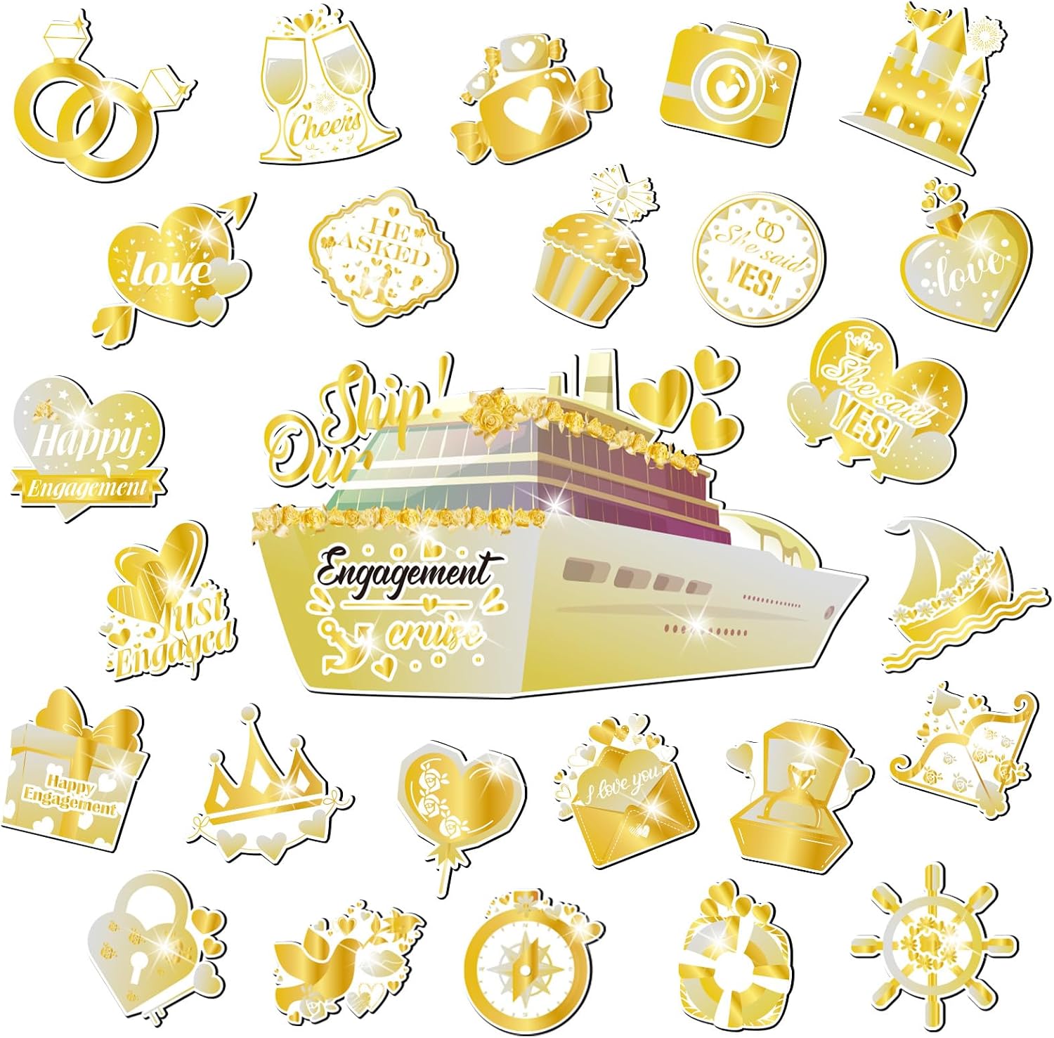 26pcs Just Married Honeymoon Cruise Door Magnets Decorations for Cabin Door,Black Gold Cruise Ship Door Decor Magnetic for Just Married Men Women Honeymoon Anniversary Wedding Engagement Party Car
