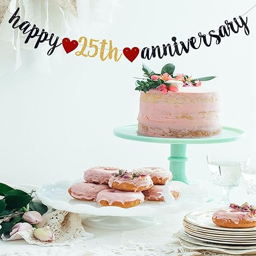 Miniatura 6 de Cartel de feliz 25 aniversario, decoración de banderines de fiesta de aniversario de 25 años, guirnaldas de fiesta de aniversario 25 (negro y dorado)